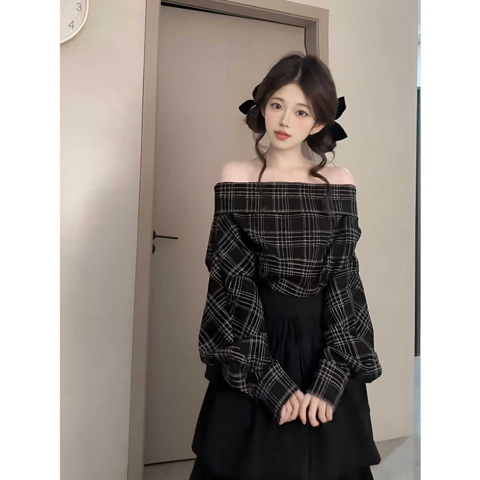 ワンピース レディース ロング チェック柄 オフショルダー ティアード ケーキスカート ドッキングワンピース エレガント きれいめ 上品 清楚 着痩せ ファッション お洒落 可愛い 華やか 春 秋 A