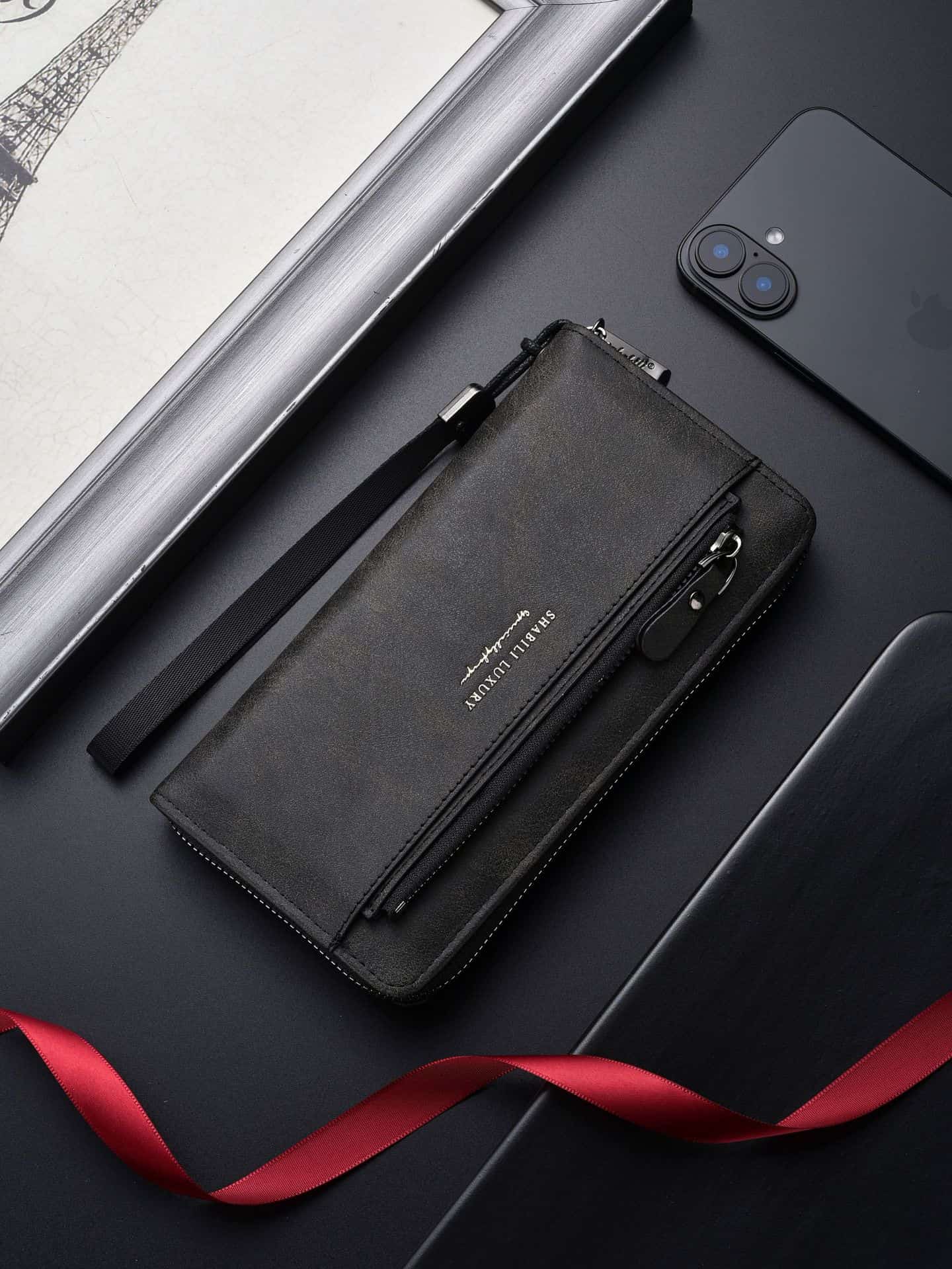 C, L, R, W - 長財布 メンズ ラウンドファスナー 大容量 カード収納 スマホ入れ 合皮 レザー 財布 ストラップ付き ビジネス 紳士用 おしゃれ 240g 軽量