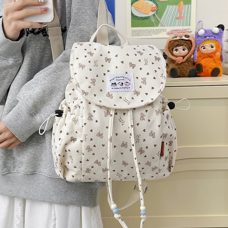 リュック レディース コーデュロイ アイボリー かわいい 巾着バッグ リボン柄 ハート柄 リュックサック 通学 通勤 女子 学生 おしゃれ カジュアル 軽量 A4対応(4.0)