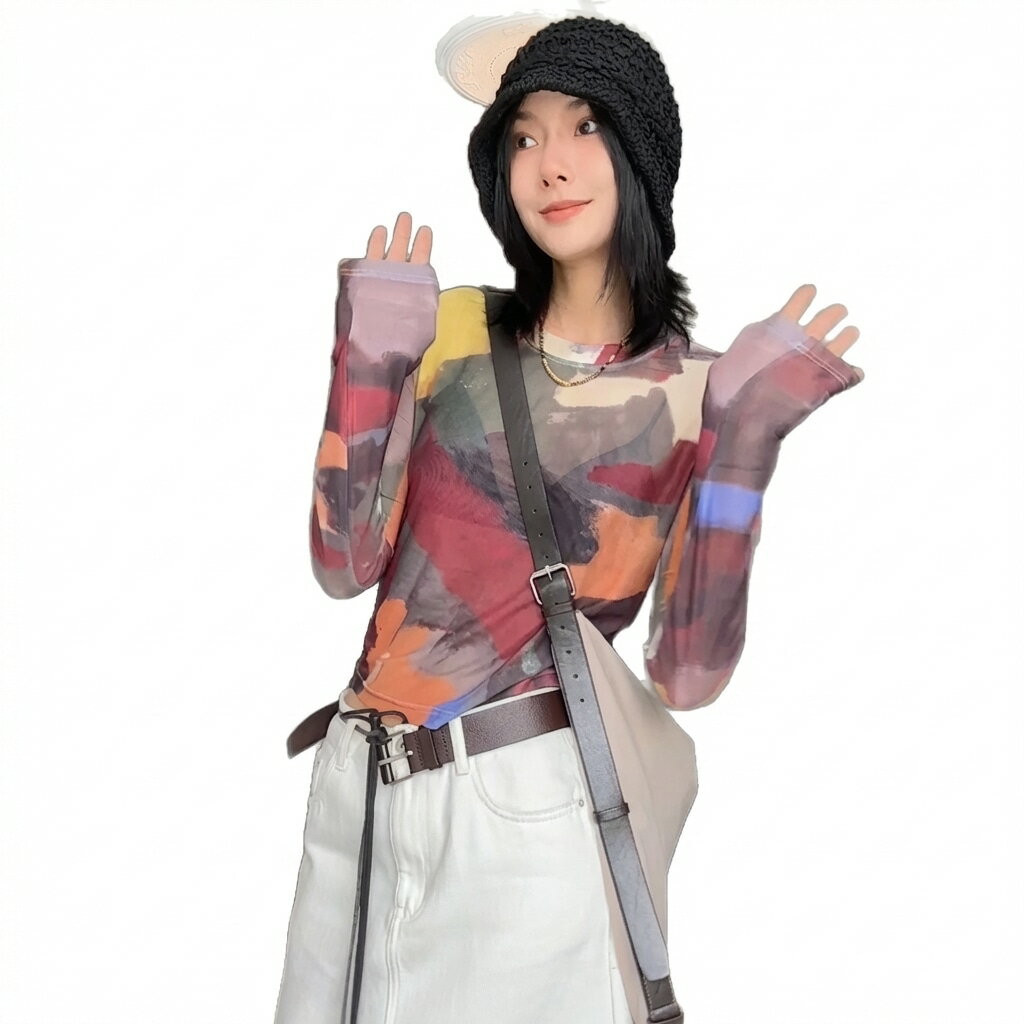 シアートップス レディース 総柄 カットソー 長袖 メッシュ Tシャツ 透け感 ニュアンス 油絵風 インナー 重ね着 チュール トップス カジュアル モード系 お洒落 きれいめ オールシーズン 春 夏