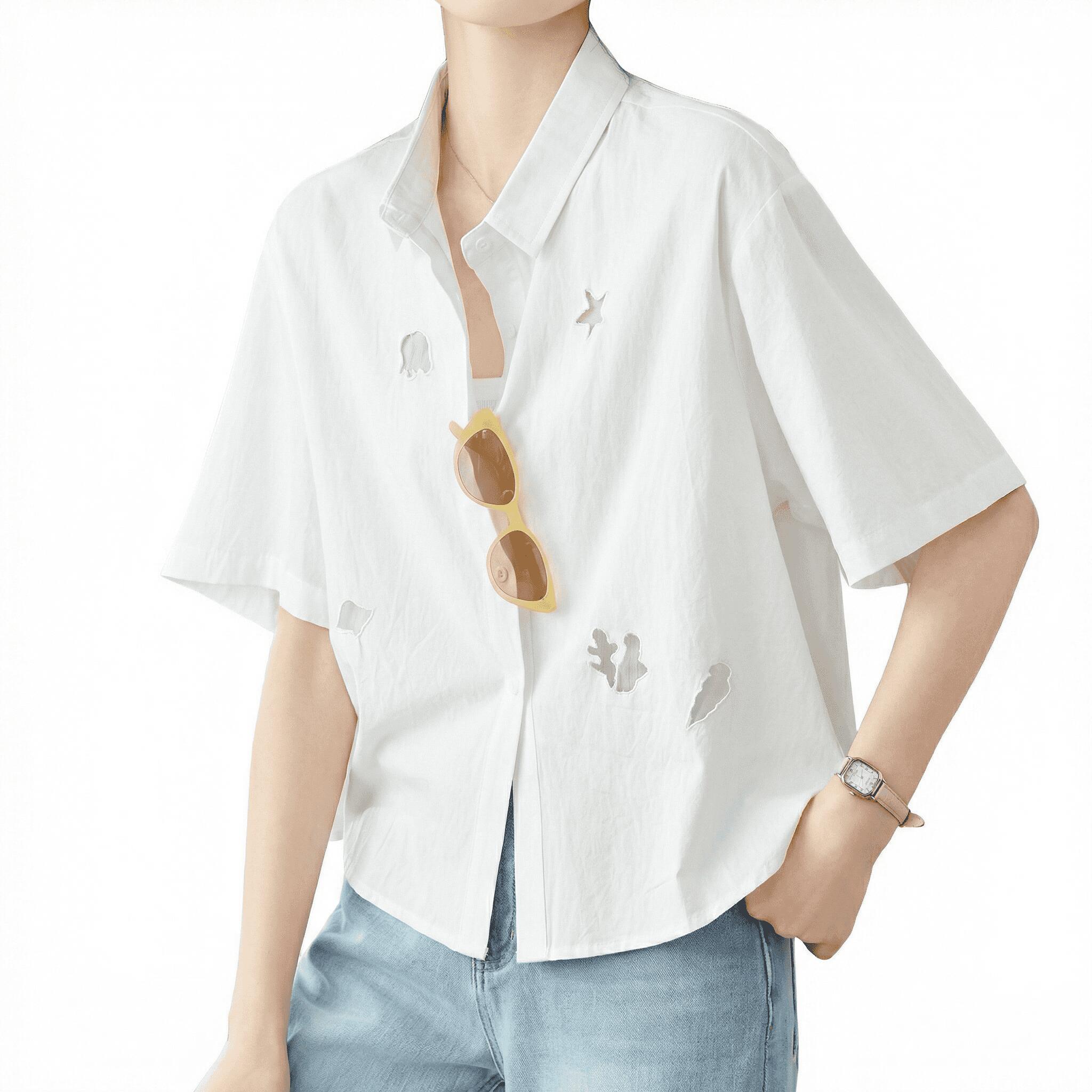 乐天商城 - ブラウス レディース 半袖 襟付き シャツ トップス 事務服 オフィス 通勤 通学 カジュアル ゆったり カットアウト 抜き襟 刺繍 パンチング レース 涼しい 大きいサイズ 夏 爽やか 清潔感 抜け