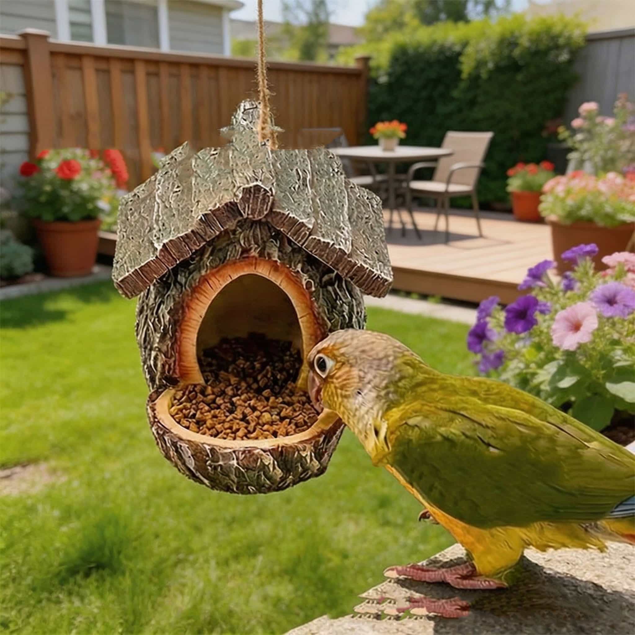 Rakuten - 野鳥の餌台 吊り下げ バードフィーダー 木製 丸太風 樹皮付き 巣箱型 庭園飾り ガーデンオブジェ 小鳥 餌入れ 野鳥 観察 ベランダ 屋外 おしゃれ 園芸用品 設置簡単 丈夫 耐久性 自然な風合い