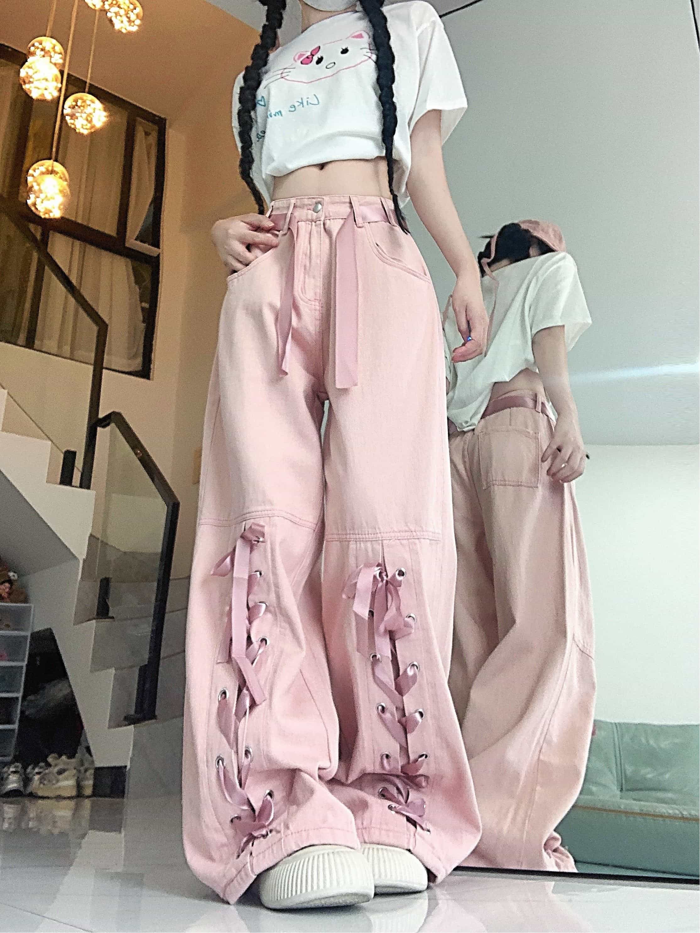 【リボン レースアップ】 ワイドパンツ デニム カーゴパンツ レディース ハイウエスト ピンク 編み上げ ジーンズ ズボン ロングパンツ バギーパンツ ボトムス 地雷系 量産型 韓国 ファッション ストリート Y2K ガーリー 大人可愛い 体型カバー 脚長 美脚 ゆったり 10代