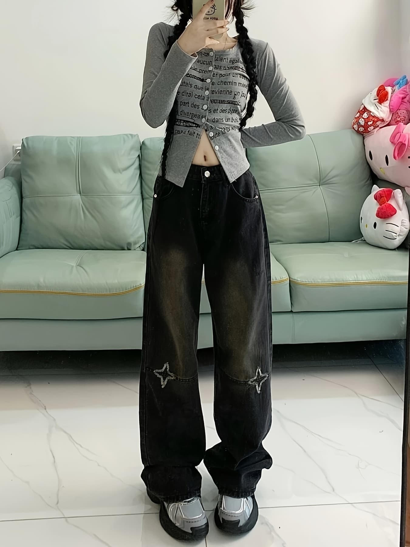 【星柄刺繍】デニム パンツ レディース ワイド...の紹介画像3