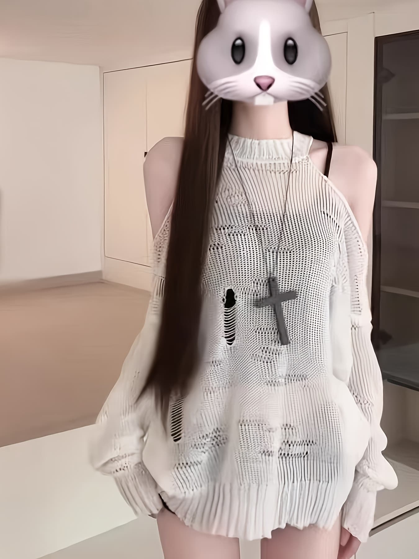 サマーニット レディース ダメージニット 肩出し トップス 透かし編み メッシュ セーター 長袖 チュニック オーバーサイズ ビッグシルエット ゆるっと 透け感 シアー レイヤード 重ね着 白 ホワイト ストリート 地雷系 量産型 Y2K 韓国 体型カバー 二の腕カバー 着痩せ comsys-r-10027378 Nartooston サンプル画像2