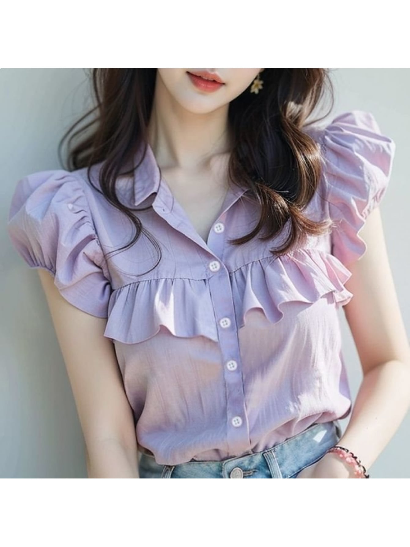 T-Shirts - 【大人可愛い】ブラウス 半袖 レディース フリル シャツ トップス 襟付き 前開き フロントボタン ボリューム袖 バルーンスリーブ フレンチスリーブ 体型カバー 二の腕カバー 着痩せ 細見え 華奢見せ ゆったり オフィス 通勤 OL きれいめ フェミニン 韓国 春 夏 秋