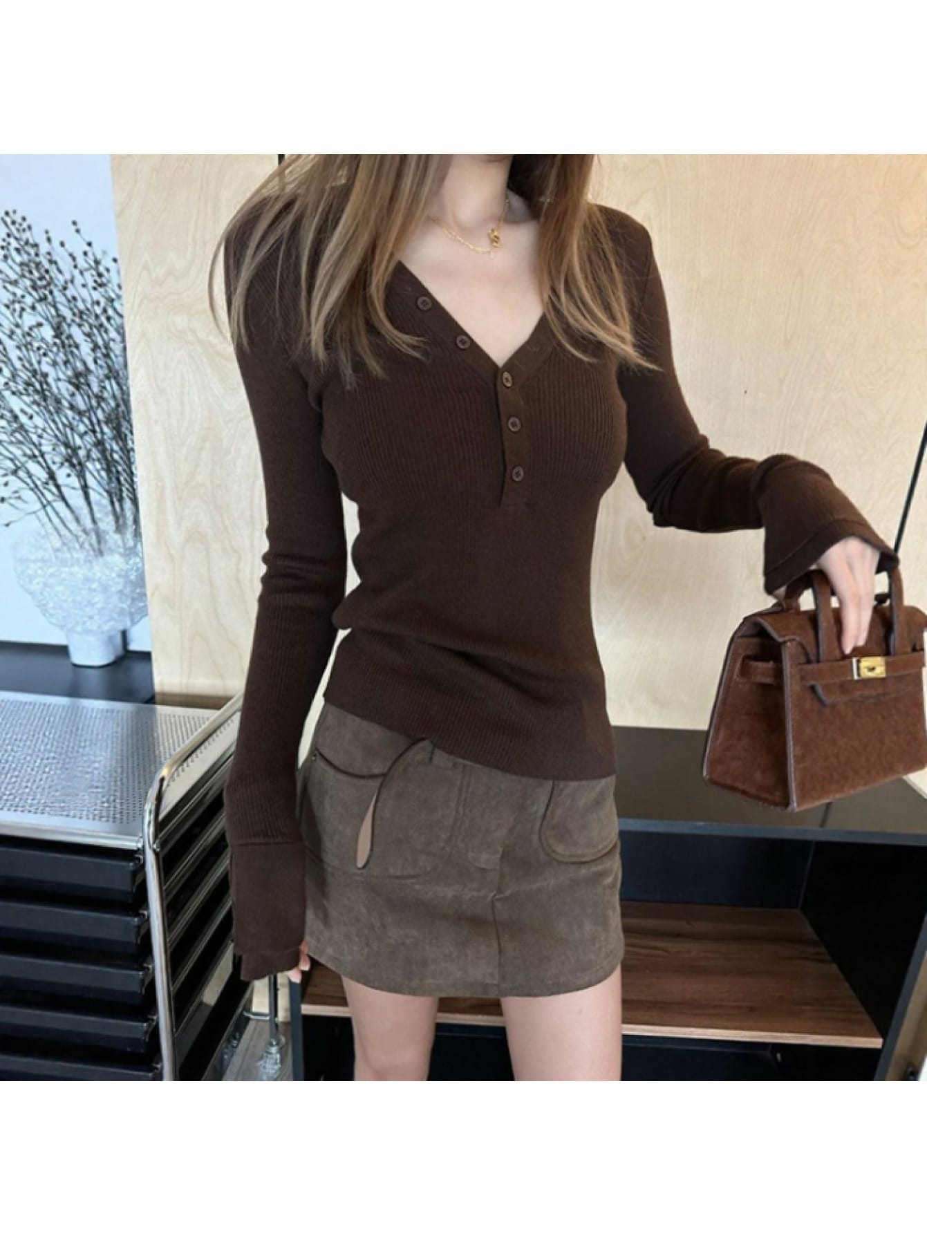 Tops - 【美シルエット】 ニット セーター トップス レディース 長袖 Vネック ヘンリーネック フロントボタン リブニット タイト スリム フィット 細見え 着痩せ 伸縮性 ストレッチ インナー カットソー カジュアル Y2K ギャル ストリート 韓国 ファッション 大人可愛い