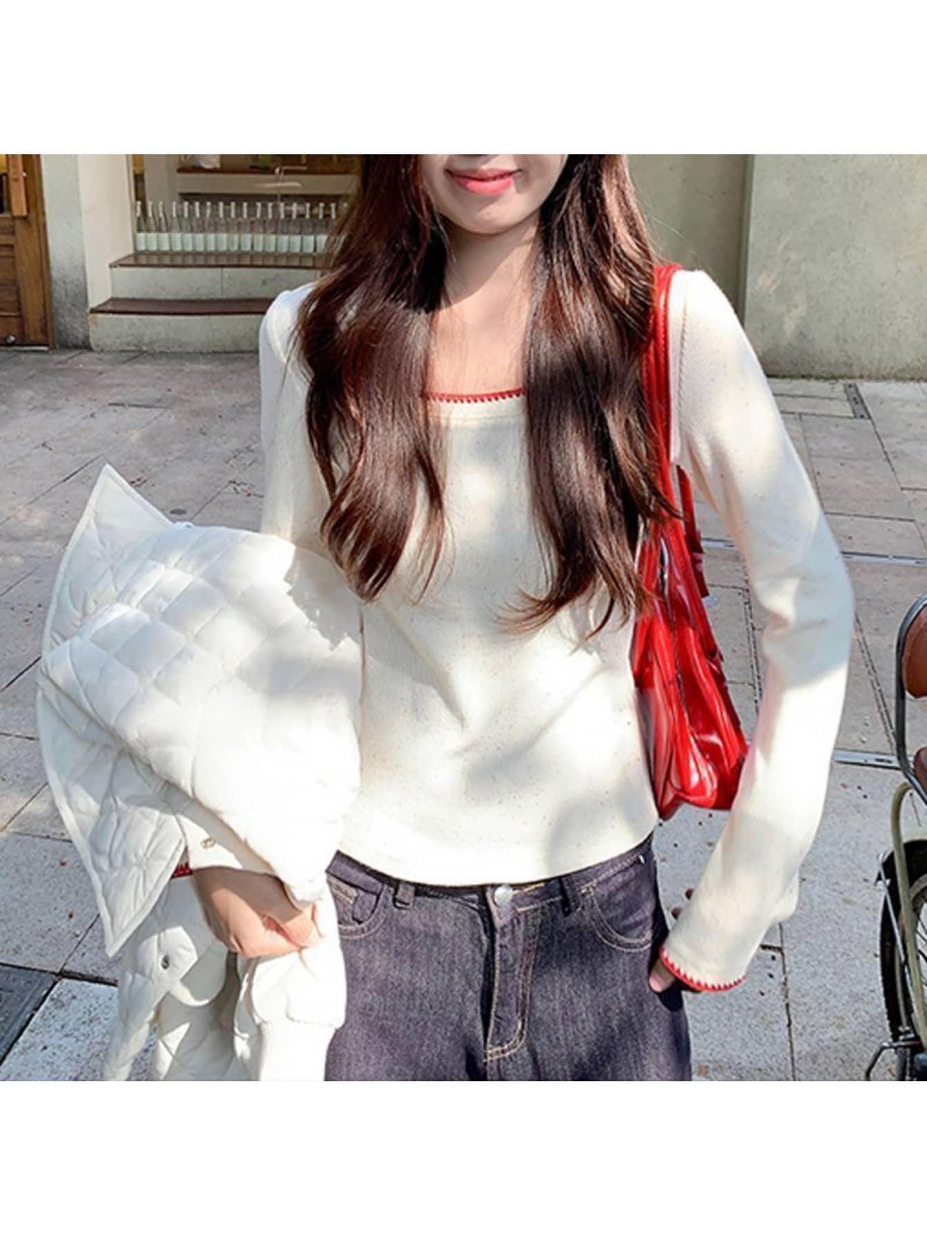 Rakuten - 【配色ステッチ】カットソー レディース 長袖 スクエアネック ロンT Tシャツ トップス インナー 柔らかい なめらか 伸縮性 ストレッチ フィット スリム 着痩せ 細見え ネップ 配色 春 秋 冬 暖かい 保温 防寒 オフィス カジュアル きれいめ 大人可愛い レイヤード