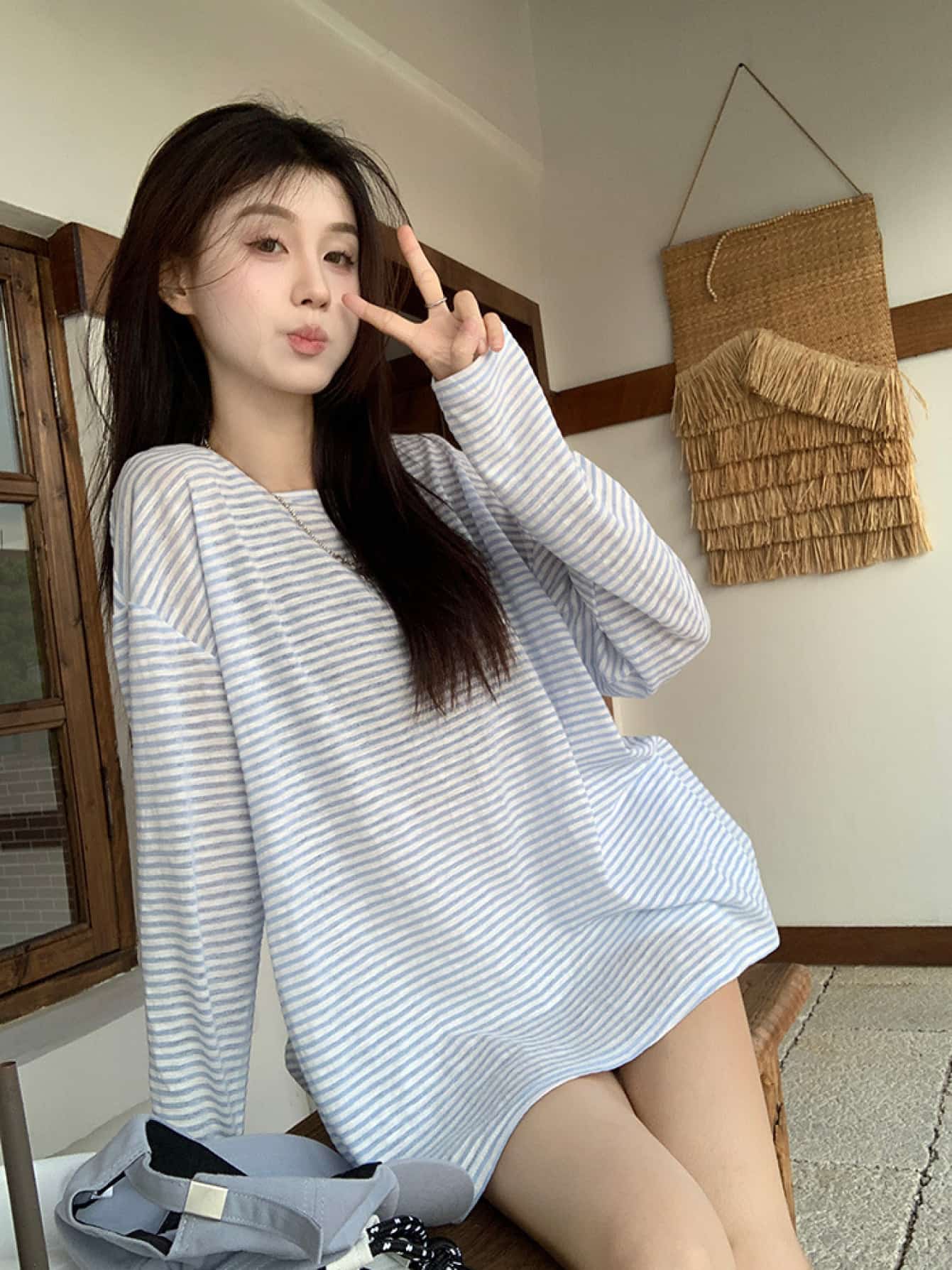 乐天商城 - 【バックシャン】 ボーダー Tシャツ レディース 長袖 シアー カットソー トップス ロンT ストライプ リボン 背中あき 抜け感 透け感 薄手 涼しい オーバーサイズ ビッグシルエット ゆったり 楽ちん 体型カバー 着痩せ 二の腕カバー 日焼け対策 冷房対策 海 ビーチ