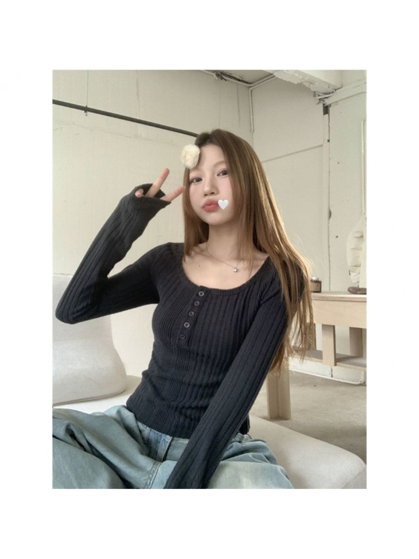 乐天商城 - ヘンリーネック リブ ニット カットソー レディース 長袖 Tシャツ トップス ロンT スリム タイト ストレッチ 伸縮性 柔らかい フロントボタン 無地 着痩せ 細見え 華奢見え 体型カバー 大人可愛い きれいめ カジュアル レトロ 韓国ファッション 通勤 オフィス 普段着