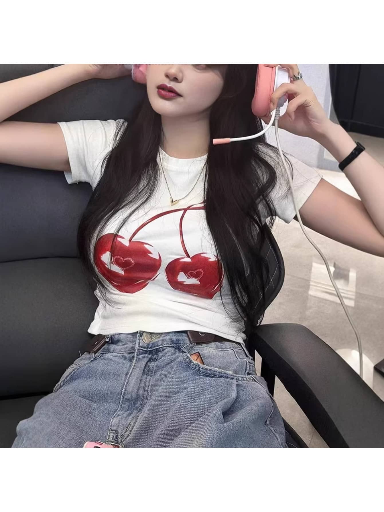 樂天商城 - 【Y2Kスタイル】Tシャツ レディース 半袖 チェリー さくらんぼ ハート プリント カットソー トップス チビT ショート丈 へそ出し タイト スリム クルーネック 丸襟 韓国ファッション ストリート アメリカン カジュアル ガーリー 春 夏 秋 10代 20代 学生 通学 着痩せ