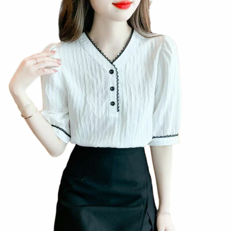 Other - ブラウス レディース 半袖 Vネック レース きれいめ オフィス 通勤 シフォン トップス 事務服 お出かけ フェミニン 上品 カジュアル 涼しい プルオーバー ゆったり 体型カバー 夏 エレガント