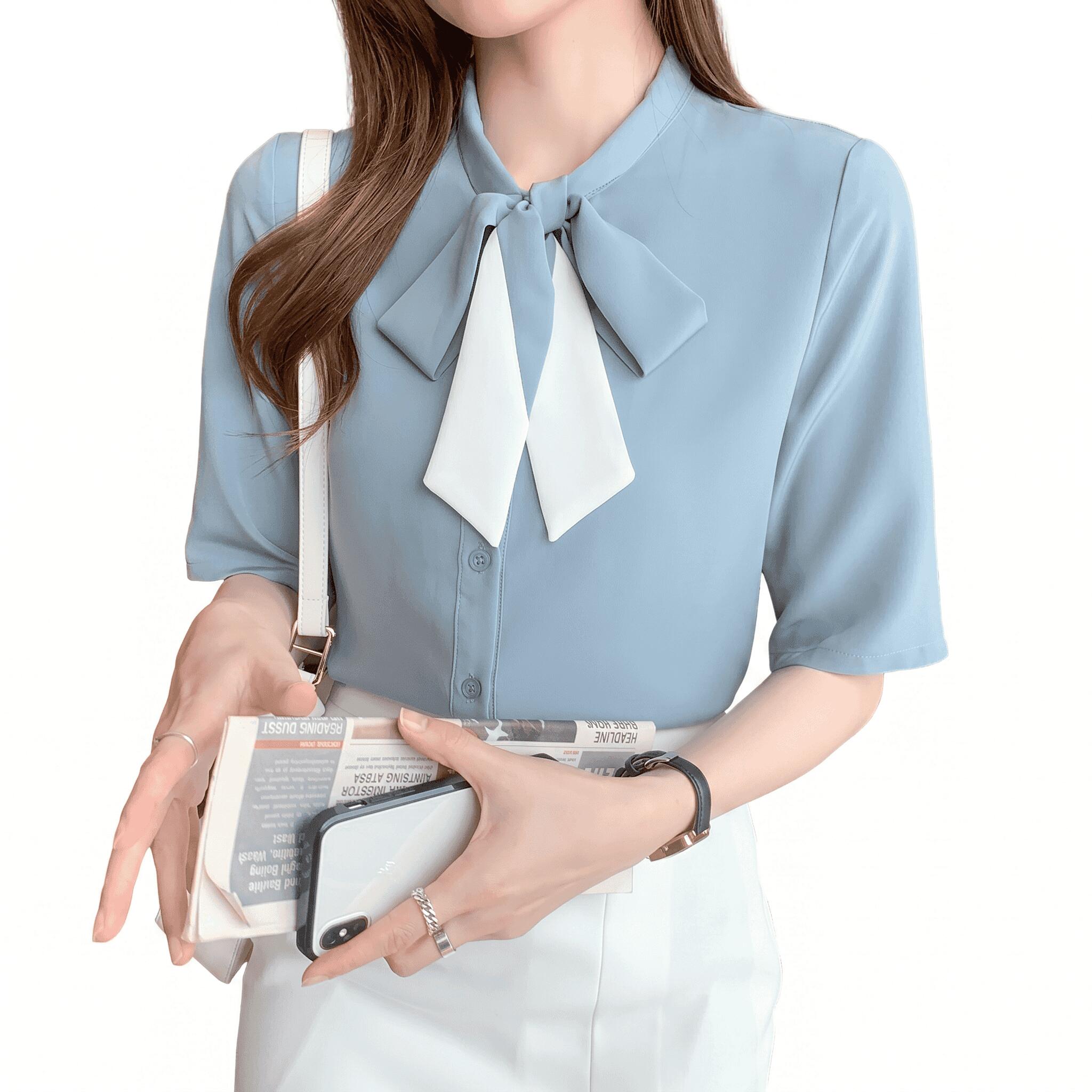 乐天商城 - ブラウス 半袖 レディース ボウタイ リボンブラウス オフィス きれいめ シフォンブラウス とろみ シャツ 事務服 通勤 OL カジュアル トップス 体型カバー 夏 大きいサイズ 襟付き おしゃれ 涼