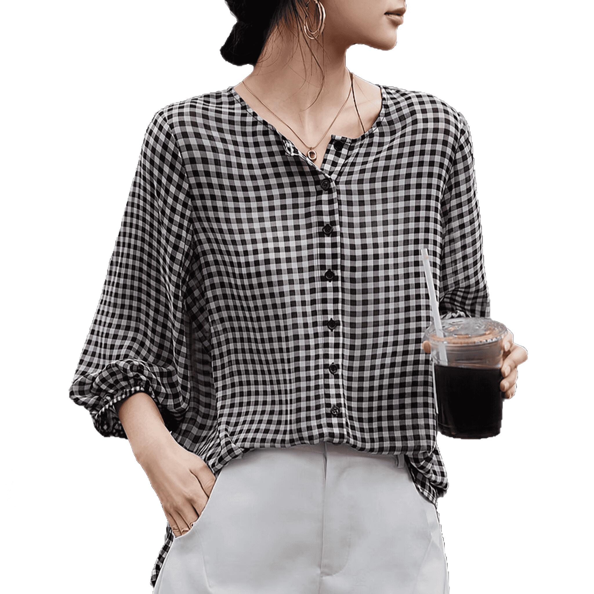 Rakuten - ブラウス レディース 長袖 ギンガムチェック 事務服 パフスリーブ バンドカラー シフォン シャツ きれいめ オフィス カジュアル トップス ゆったり 体型カバー 大人 可愛い おしゃれ チュニック
