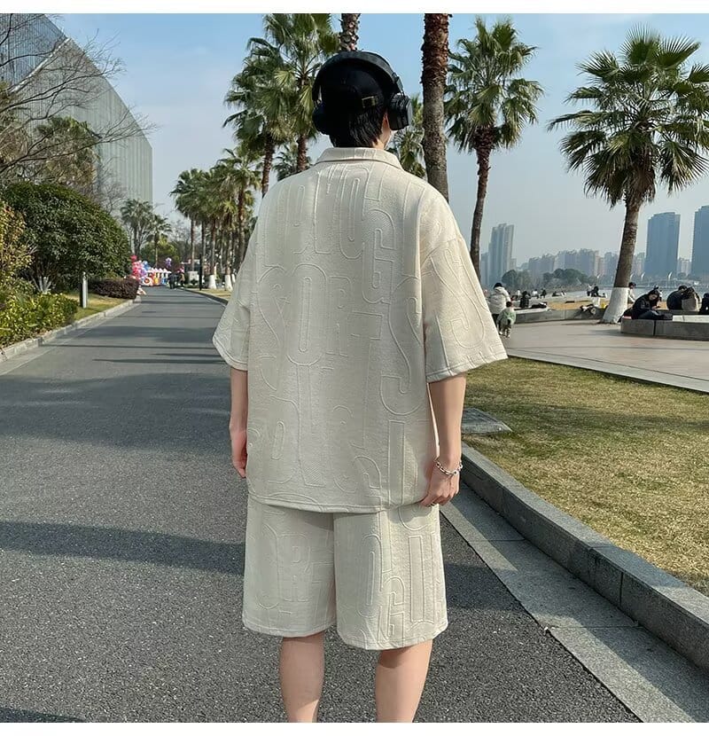 セットアップ メンズ 夏 ホーフジップ ポロシャツ 半ズボン 上下セット ジャガード...