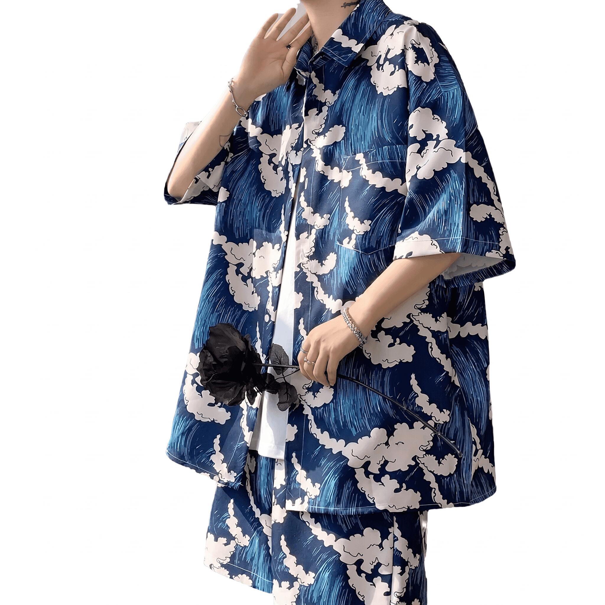 セットアップ メンズ 上下セット 半袖 シャツ ハーフパンツ 和柄 浮世絵風 総柄 涼しい 夏服 カジュアル 大きいサイズ ゆったり 通気性 快適 部屋着 普段着 旅行 リゾート 祭り ストリート お