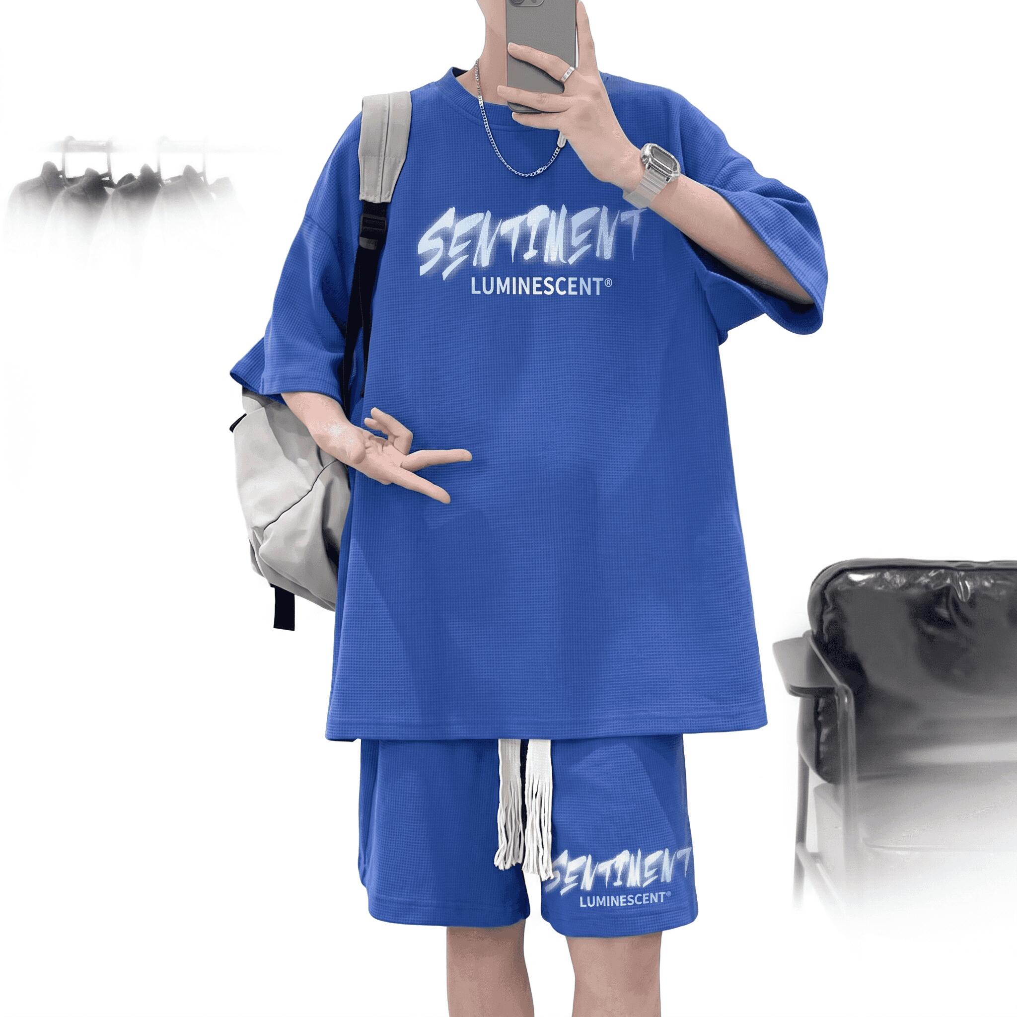 樂天商城 - メンズ 上下セット ワッフル ストリート系 Tシャツ ハーフパンツ ファッション ビッグシルエット ルームウェア スポーツ カジュアル 涼しい 通気性 半袖 セットアップ ゆったり 夏 重ね着風 部屋