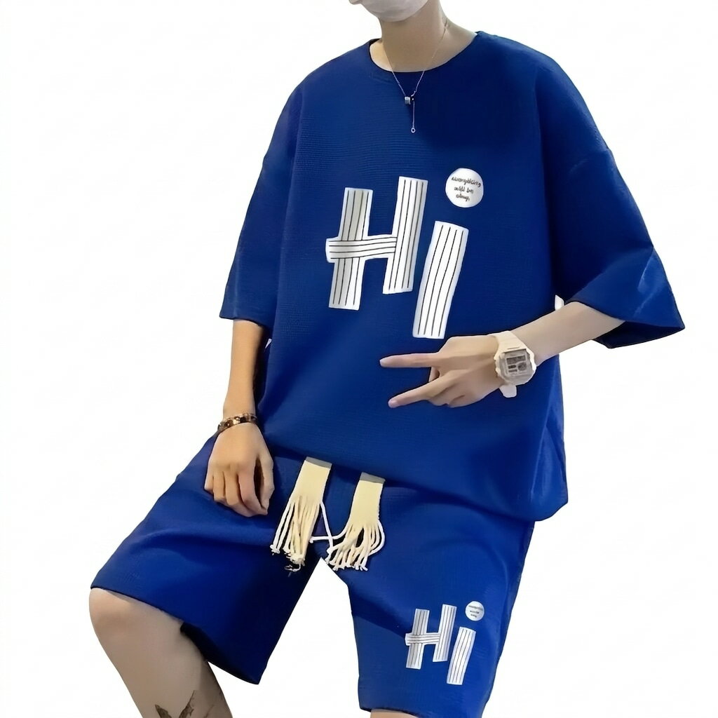 Rakuten - セットアップ メンズ ワッフル ビッグシルエット 夏 上下セット 半袖 ドロップショルダー Tシャツ ハーフパンツ 2点 ルームウェア 部屋着 スポーツ カジュアル ゆったり 大きいサイズ 涼しい 快
