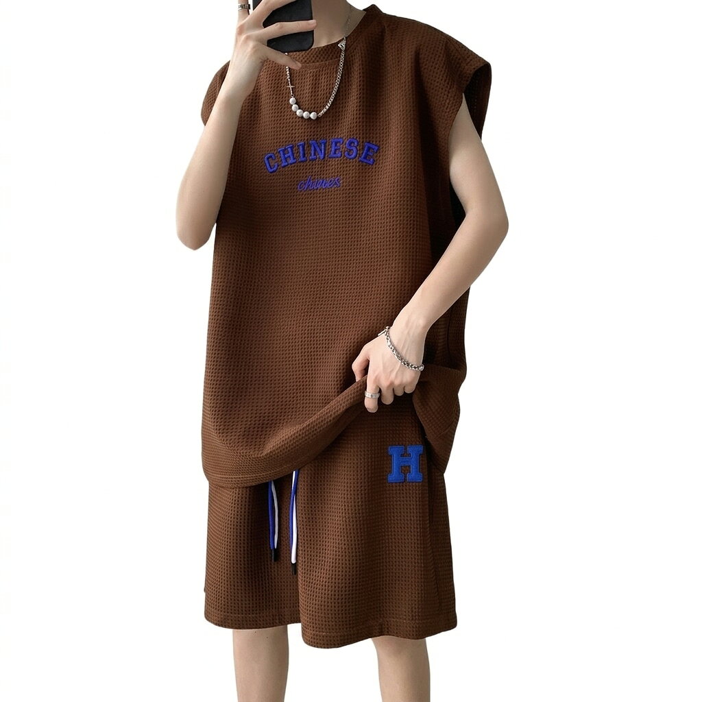 ワッフルセットアップ メンズ 上下セット ノースリーブ 夏服 オーバーサイズ 涼しい ストリートファッション 部屋着 外出着 吸汗速乾 清涼感 肌触り 通気性 運動着 スポーツウェア ハーフパンツ