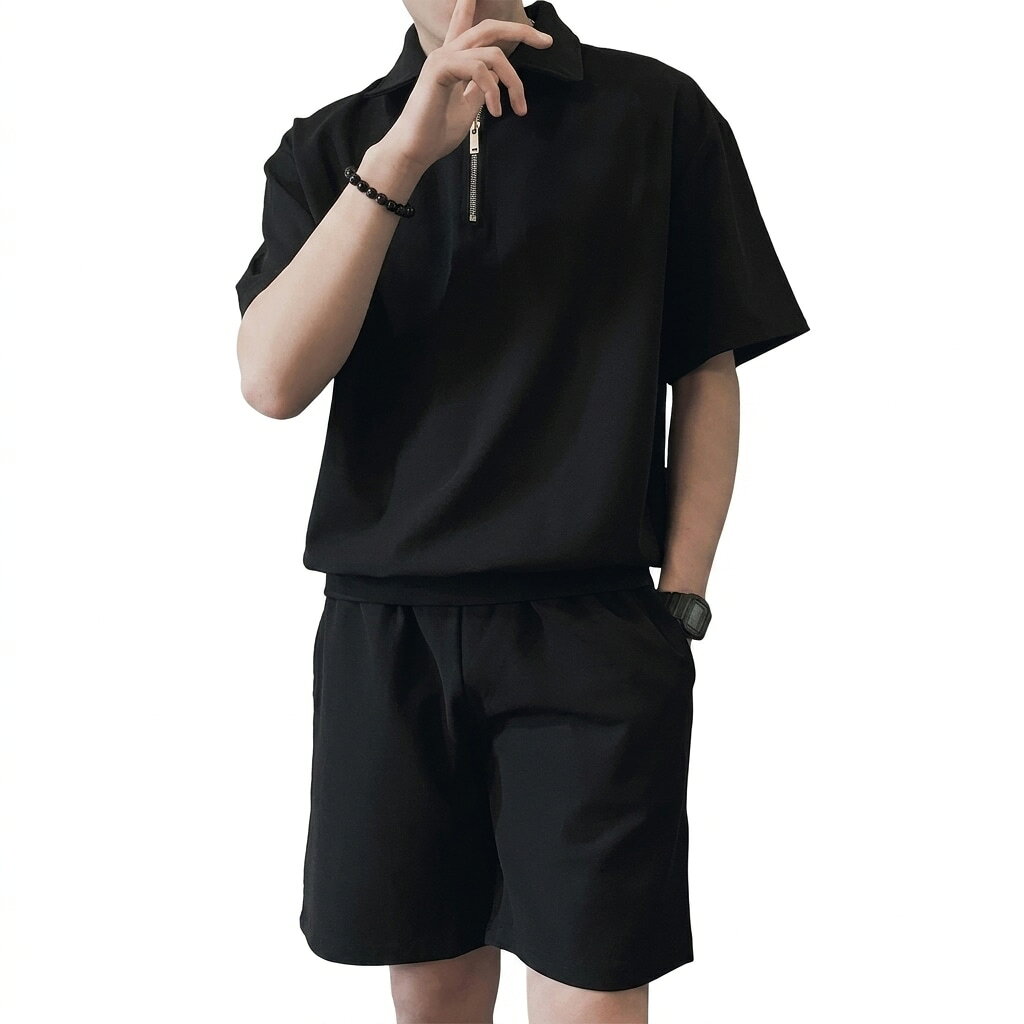 樂天商城 - メンズ 夏服 上下セット 半袖 ハーフジップ ポロシャツ ショートパンツ 2点セット オーバーサイズ ルーズ ファッション カジュアル ストリート スポーツ シンプル 速乾 吸汗 部屋着 外出 プルオ