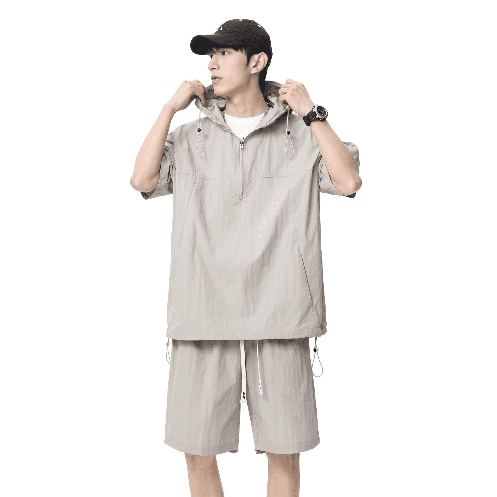 乐天商城 - メンズ セットアップ ショートパンツ 半袖 フード付き 夏服 超薄型 接触冷感 速乾 通気性 ハーフジップ プルオーバー スポーツ カジュアル ゆったり セットアップ 上下セット ストリート 吸汗 速