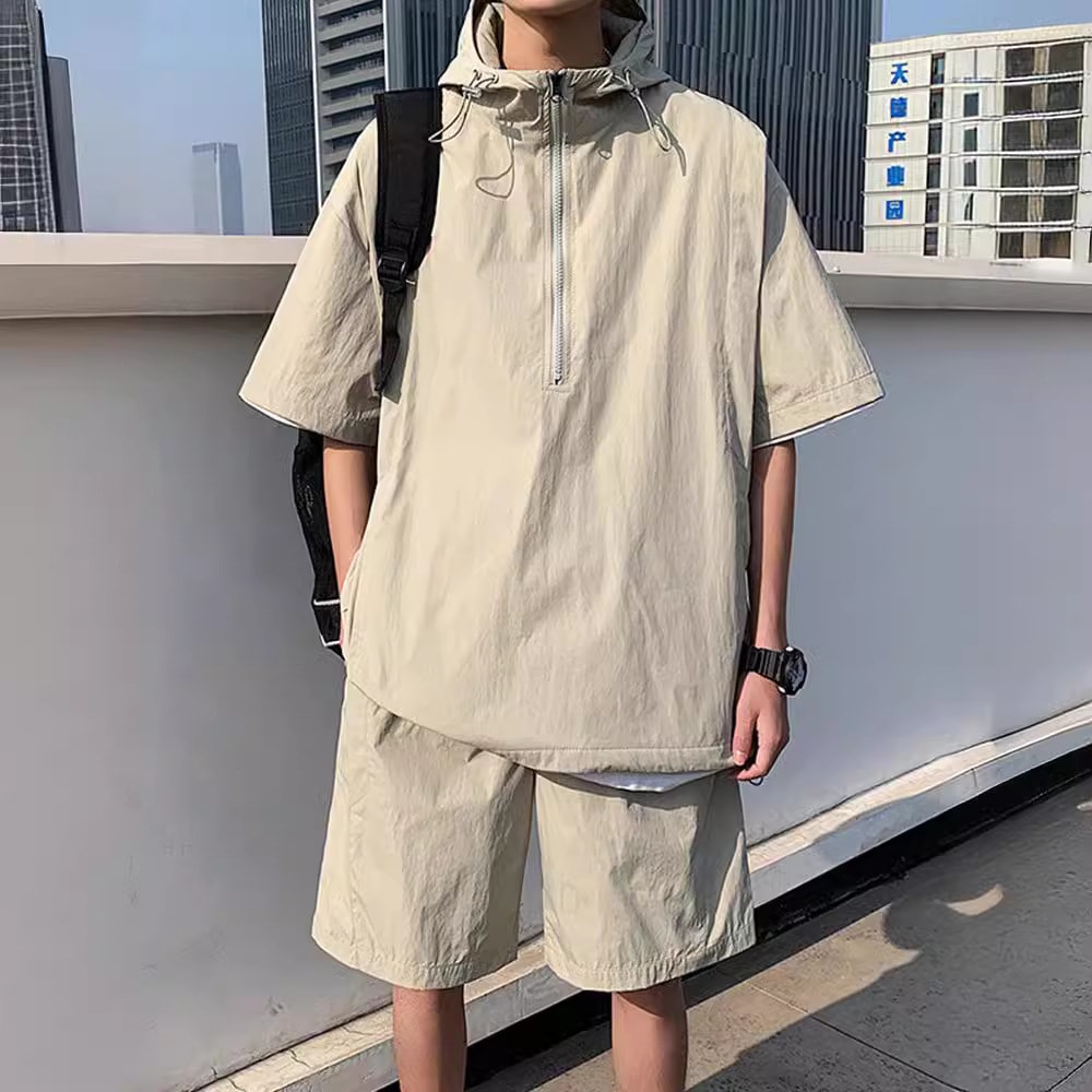 セットアップ メンズ 上下セット 夏 半袖 アノラックパーカー ハーフパンツ プルオ...