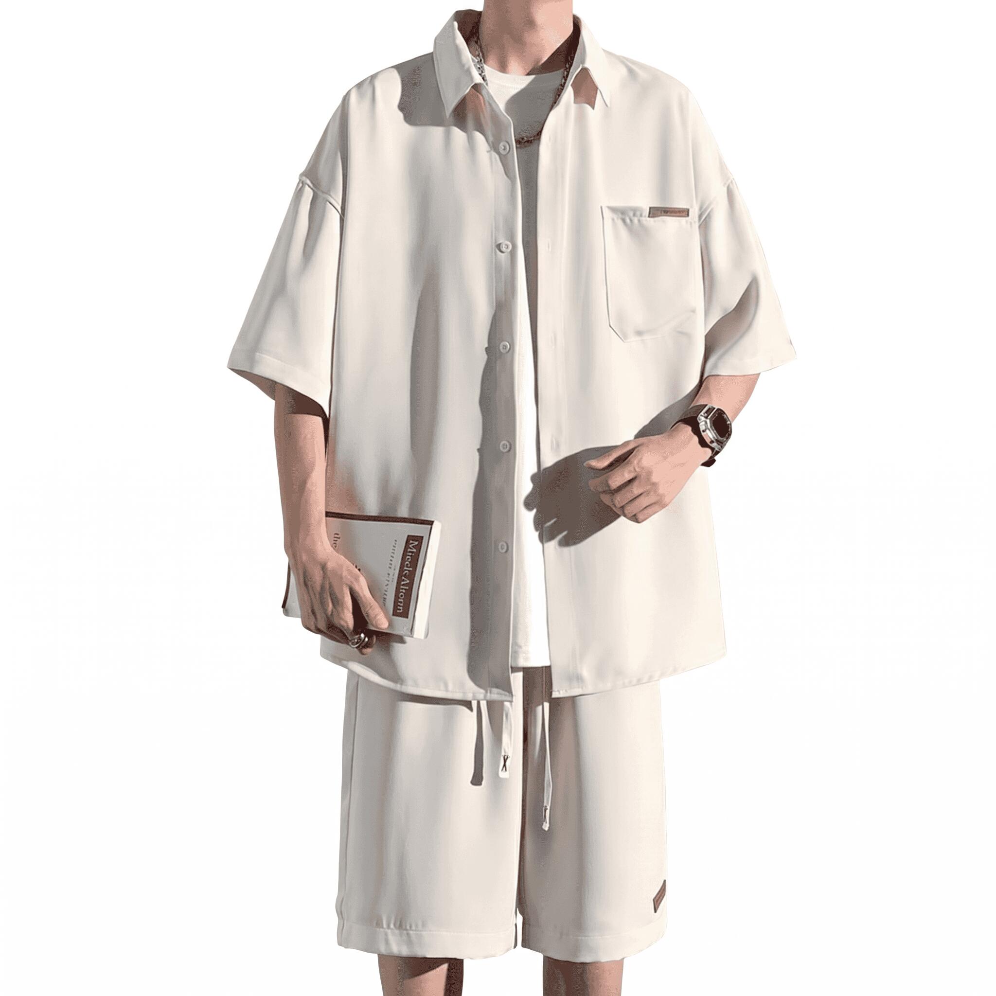 乐天商城 - セットアップ メンズ 夏服 半袖シャツ ハーフパンツ 上下セット 接触冷感 涼しい ビッグシルエット オーバーサイズ アイスシルク 落ち感 カジュアル 部屋着 快適 通気性 おしゃれ 無地 襟付き