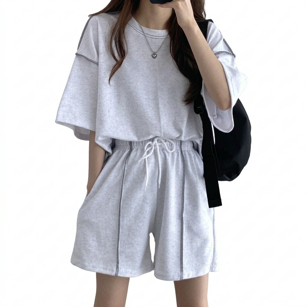 乐天商城 - セットアップ レディース ステッチ オーバーサイズ 半袖 Tシャツ ショートパンツ 2点セット ルームウェア カジュアル 森ガール パジャマ 部屋着 夏物 上下セット 運動着 旅行
