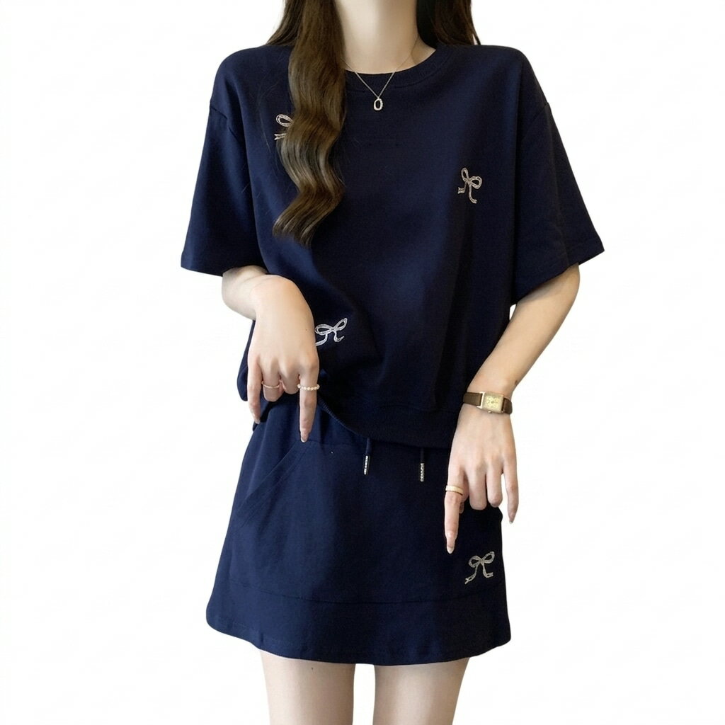 乐天商城 - セットアップ レディース リボン 刺繍 ゆったりめ 半袖 Tシャツ ミニスカート 2点セット 系 ガーリー カジュアル パジャマ ルームウェア 外出着 ラフ 可愛い デート コーデ 夏服