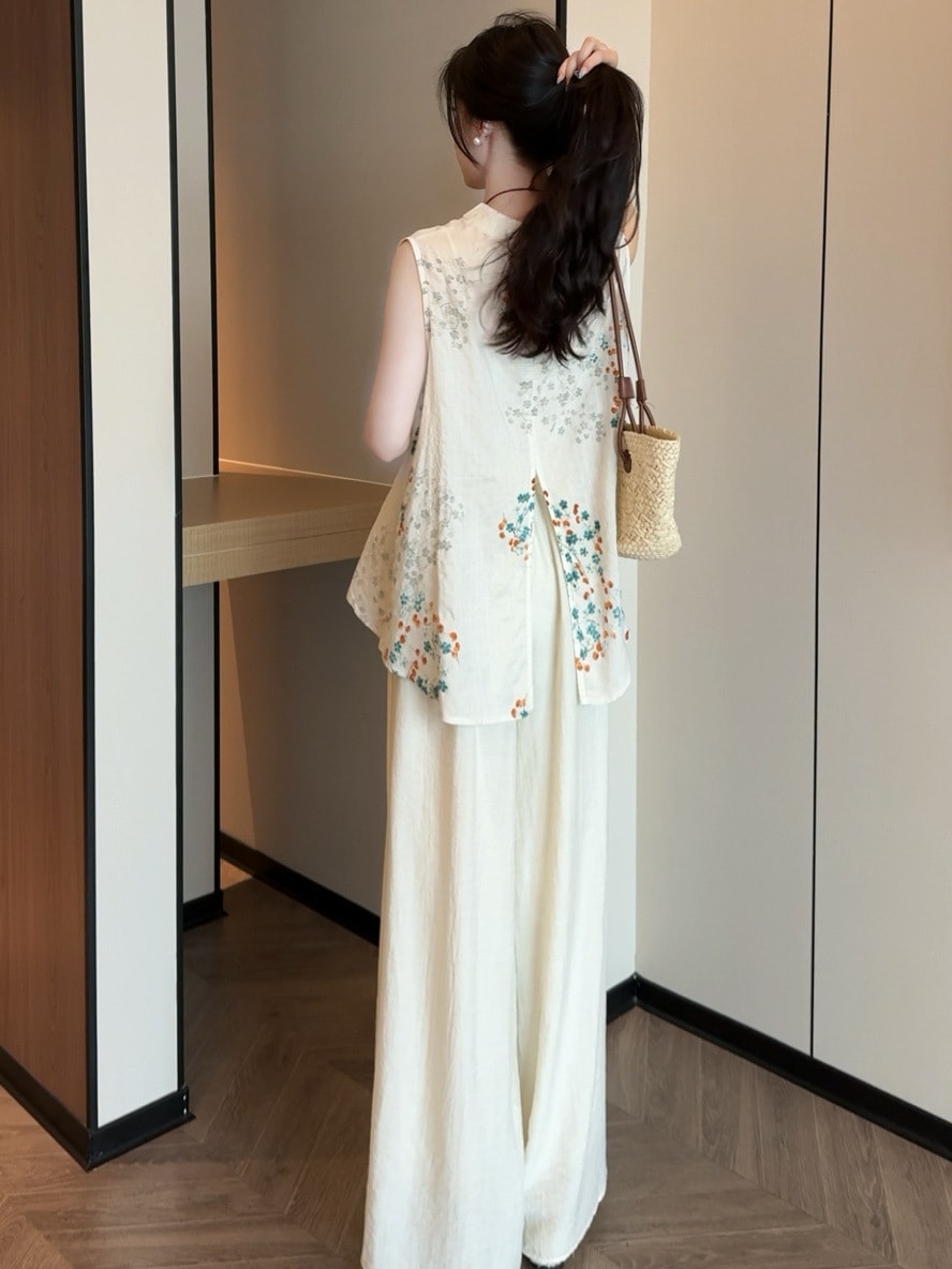 セットアップ レディース 民族風 チャイナドレス 風 花柄 ノースリーブ チュニック ワイドパンツ 夏 通気性 ツーピース ゆったり 大きいサイズ きれいめ ふんわり 上品 体型カバー カジュアル お 2
