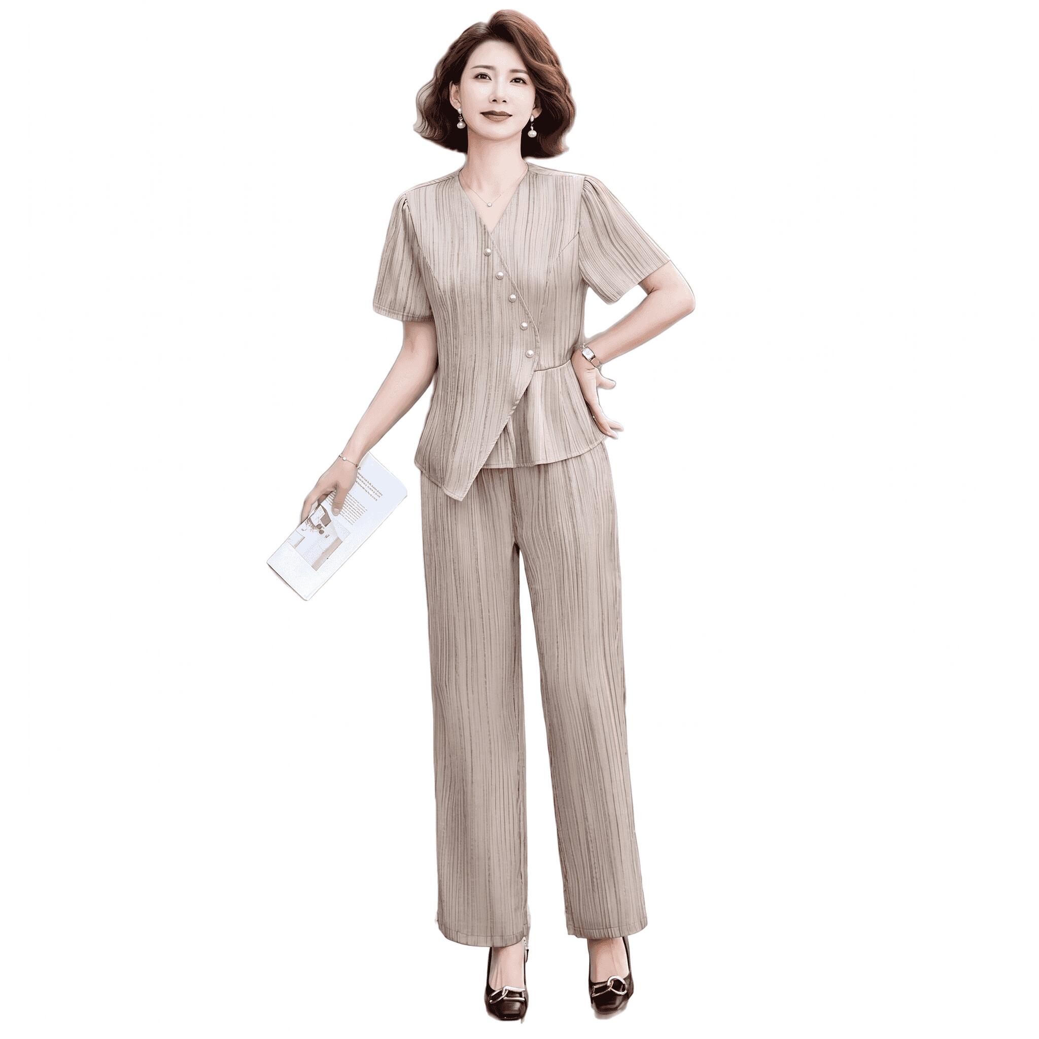セットアップ レディース 夏服 上下セット プリーツ しわ加工 Vネック ワイドパンツ ゆったり 体型カバー 大きいサイズ ミセス 40代 50代 60代 きれいめ 上品 お洒落 通勤