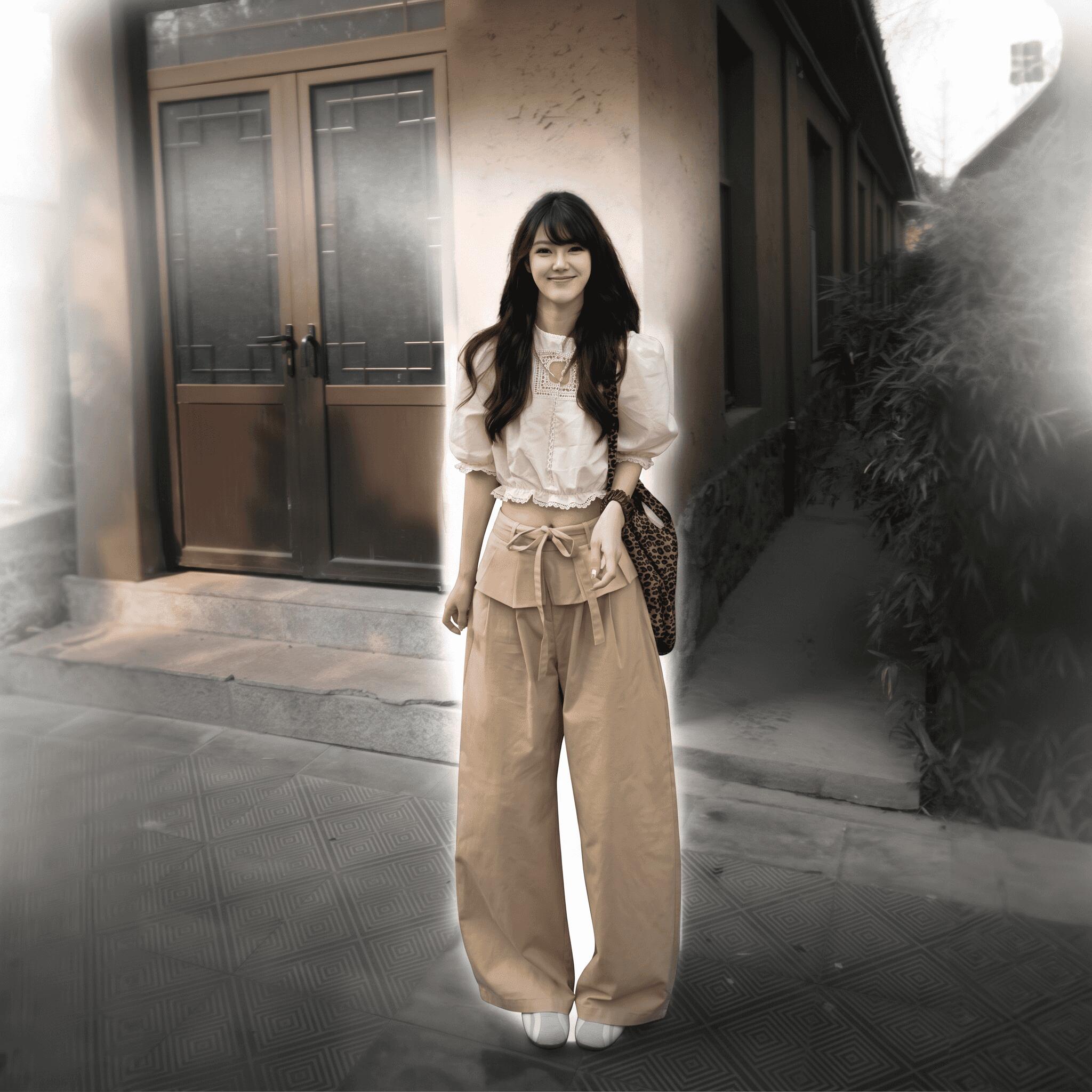 Pants Suit - 上下セット レディース フレンチ 短丈 ブラウス ワイドパンツ パフスリーブ フリル レース ショート丈 2点セット セットアップ 美脚 脚長効果 体型カバー 着痩せ カジュアル フェミニン お洒落