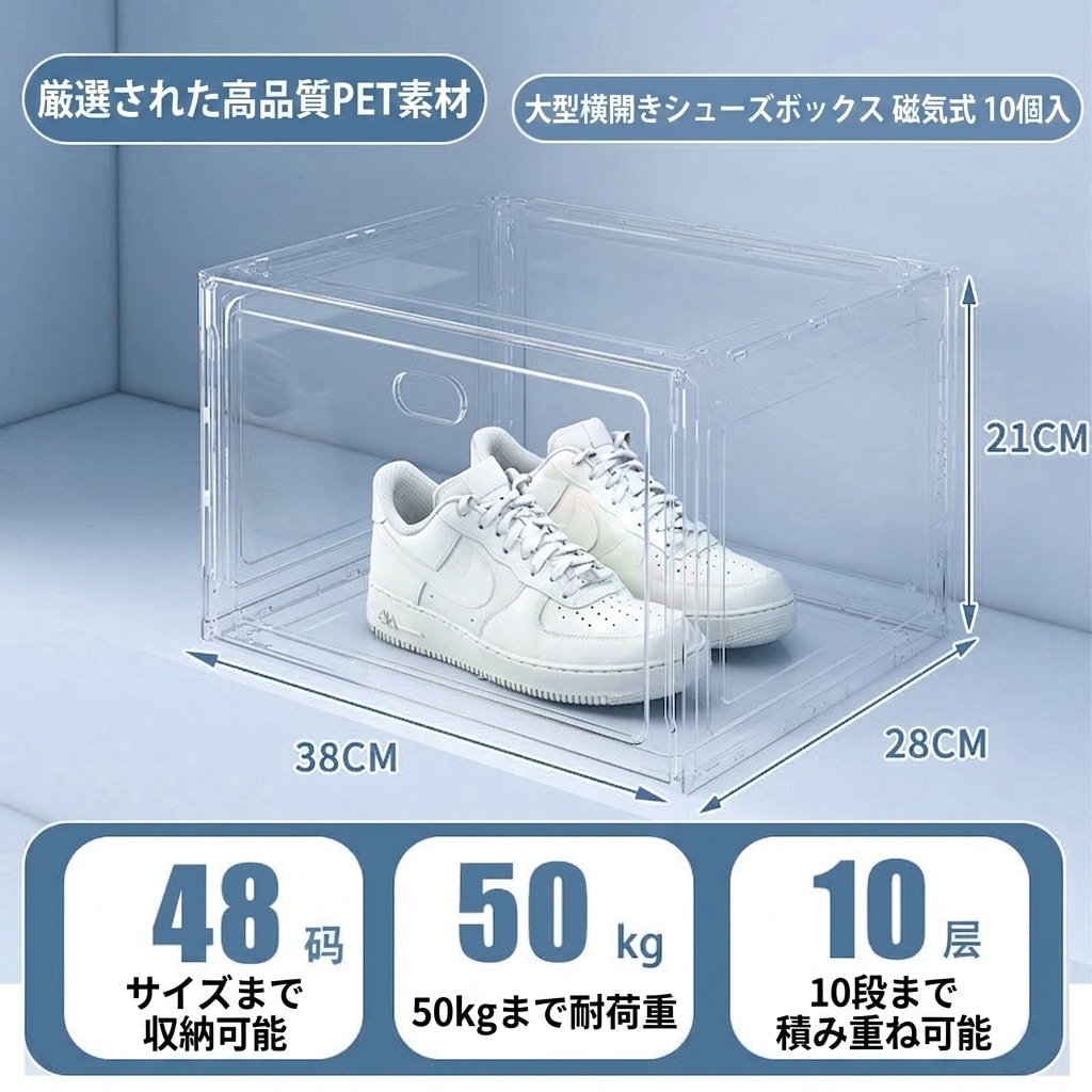 　　　 ◆◇◆売れている秘密◆◇◆ 【圧倒的な透明度・魅せる収納】なアクリル素材を採用し、ショーケースのような抜群の透明感を実現しました。お気に入りのスニーカーを360度どこからでも美しく眺めることができ、コレクションをインテリアの一部として格上げします。スニーカーマニアも納得の、溢れるディスプレイ用シューズケースです。 【優れた耐久性・積み重ね可能】厚みのある頑丈なプラスチック素材を使用しており、荷重に強く変形しにくい設計です。天板と1板がしっかり噛み合うスタッキング構造のため、高く積み上げてもグラつかず安定感があります。限られたスペースを有効活用しながら、ショップのような美しい壁面収納を自宅で簡単に再現可能です。 【便利な開閉・出し入れスムーズ】前面パネルにはマグネット式の開閉扉を採用しており、片手でサッと靴を取り出せるのが魅力です。横置きタイプなので、スニーカーのサイドデザインを強調しながらディスプレイでき、機能性とデザイン性を両立しました。忙しい朝の靴選びもストレスなく、スマートなライフスタイルを演出します。 【防塵防湿・大切な靴を保護】密閉性の高い構造により、ホコリや湿気、外気から大切なシューズをしっかり守ります。劣化の原因となる汚れの付着を防ぎ、お気に入りの一足を新品のようなコンディションで長く維持することが可能です。お手入れも表面を拭くだけと簡単で、常に清潔感のある状態を保てるため長期保管にも最適です。 【大容量設計・幅広い用途に対応】ハイカットモデルや大きめサイズのシューズも余裕を持って収納できるワイドなサイズ感です。靴だけでなく、フィギュアやバッグ、小物などのディスプレイケースとしても多用途に活躍します。洗練されたシンプルなデザインはどんなお部屋にも馴染みやすく、自分用はもちろんギフトにも喜ばれます。 　　　◆◇◆注意事項◆◇◆ご覧のモニターの環境、撮影環境により実物と色味が異なって見える場合がございます。湿った状態で他のものと擦り合わせると色が移る恐れがあります。濃色品の洗濯時は、白色、淡色と分けて洗ってください。説明