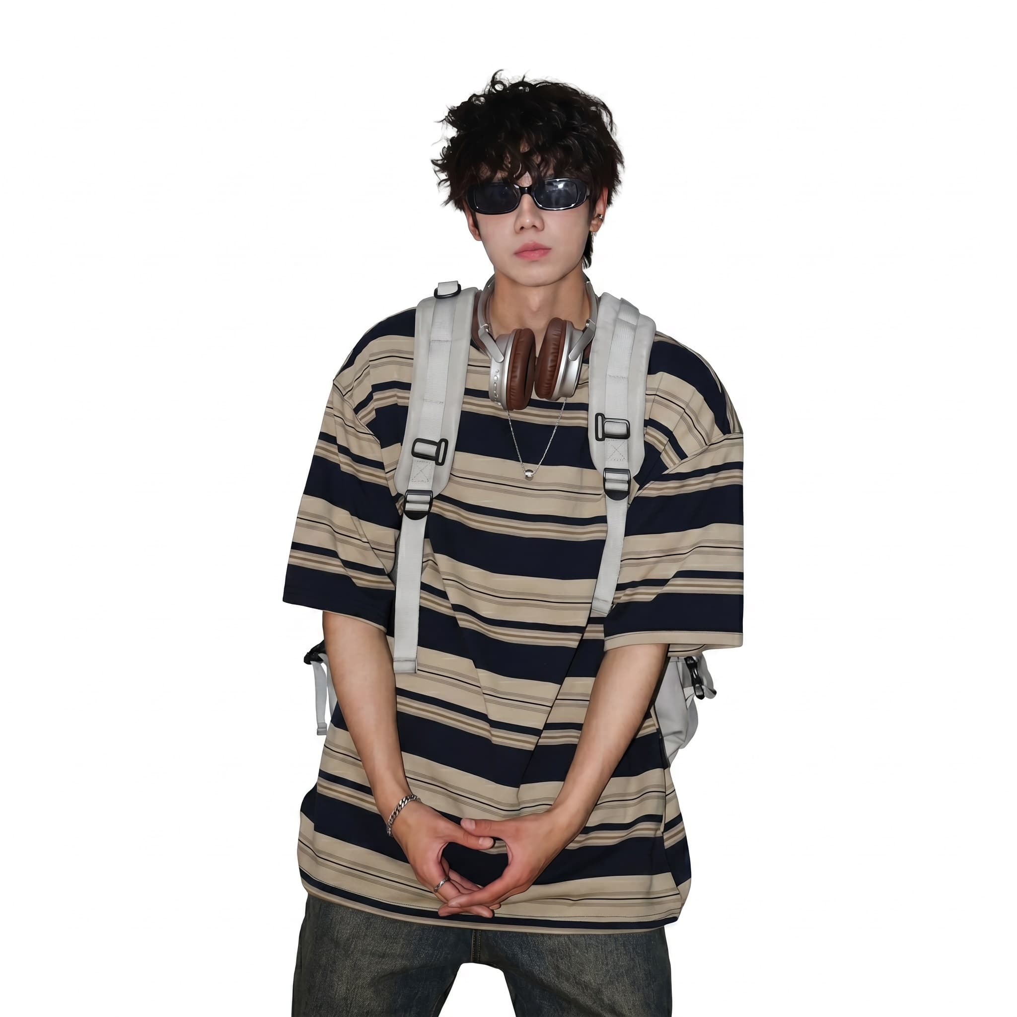 樂天商城 - Tシャツ メンズ 半袖 ボーダー オーバーサイズ ビッグシルエット カットソー 夏服 トップス クルーネック ゆったり ドロップショルダー カジュアル ストリート ティーシャツ 丸首 柔らかい 肌触り