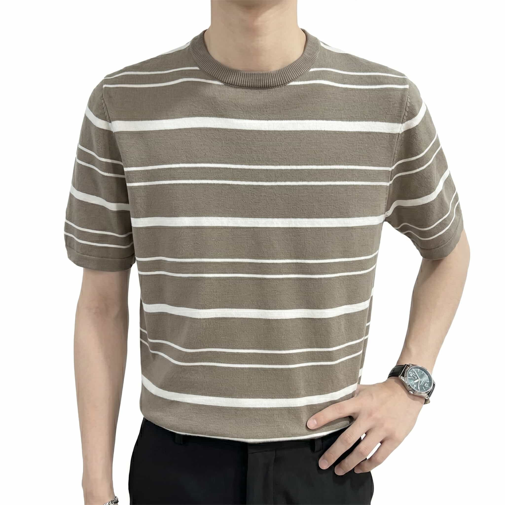 乐天商城 - サマーニット Tシャツ メンズ 半袖 クルーネック ボーダー 接触冷感 ひんやり 涼しい カットソー きれいめ カジュアル ビジカジ クールビズ 夏服 トップス 柔らかい 蒸れない 薄手 ストレッチ