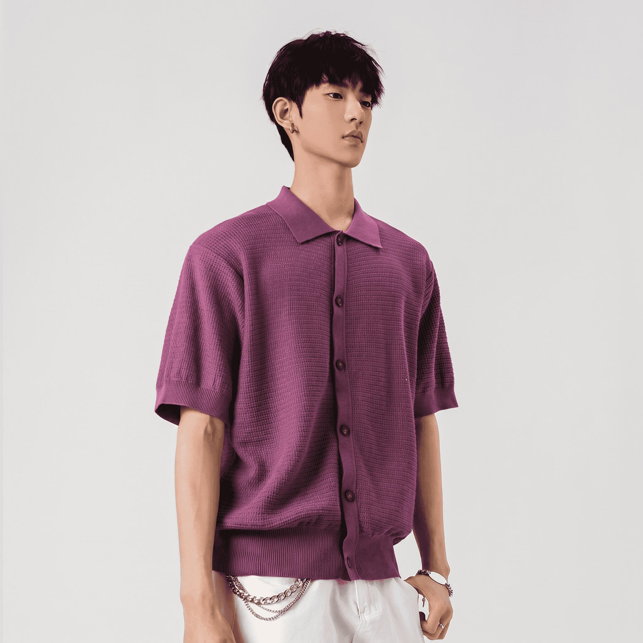 乐天商城 - メンズ 半袖 ニットシャツ 前開き 襟付き サマーニット 夏服 トップス カジュアル ゆったり 涼しい ワッフル編み 透かし 無地 清潔感 紳士服