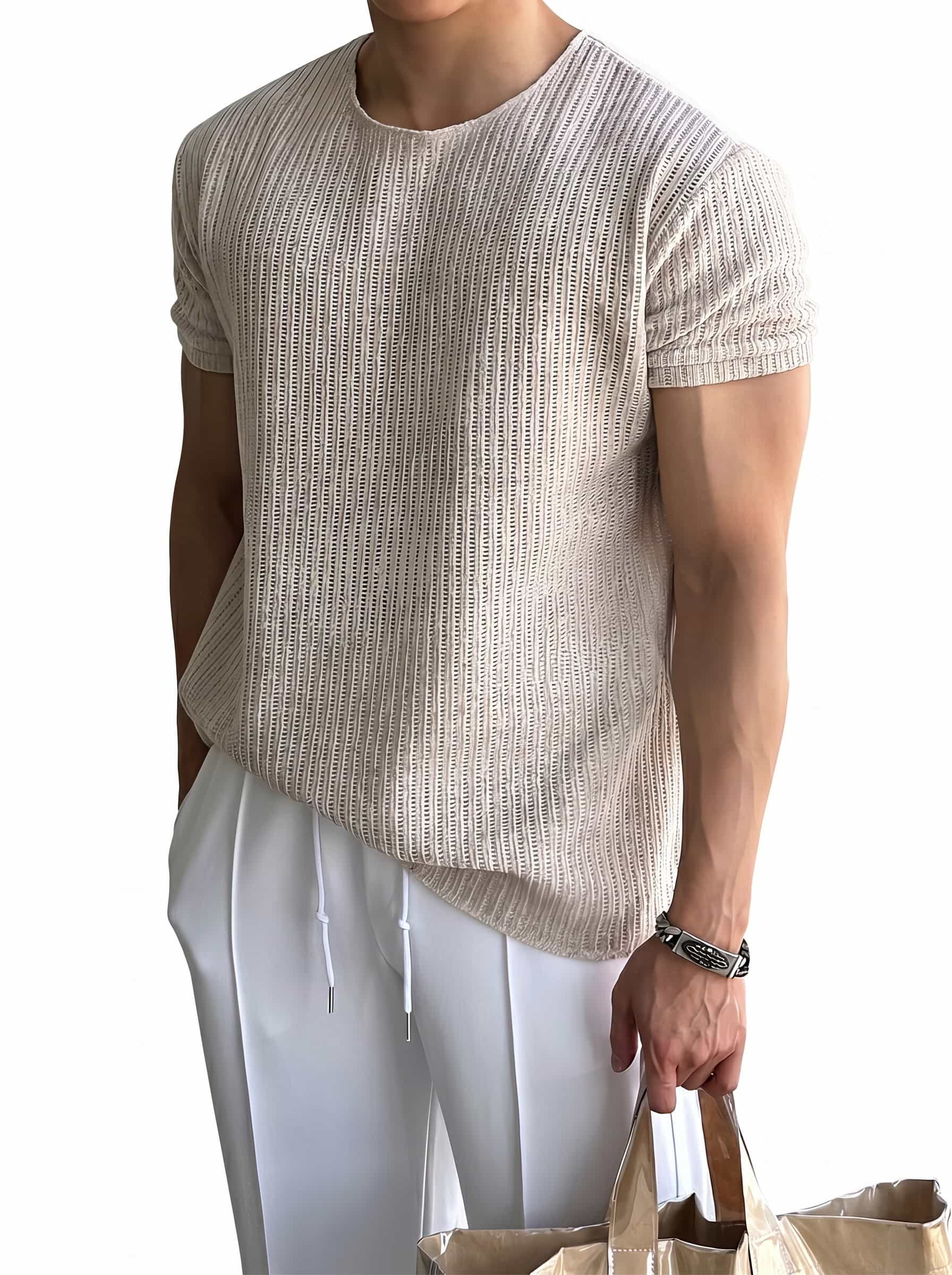 Other - サマーニット メンズ 半袖 ニットTシャツ クルーネック 透かし編み リブ編み 縦ライン スリム カジュアル トップス 通気性 涼しい きれいめ おしゃれ 夏服