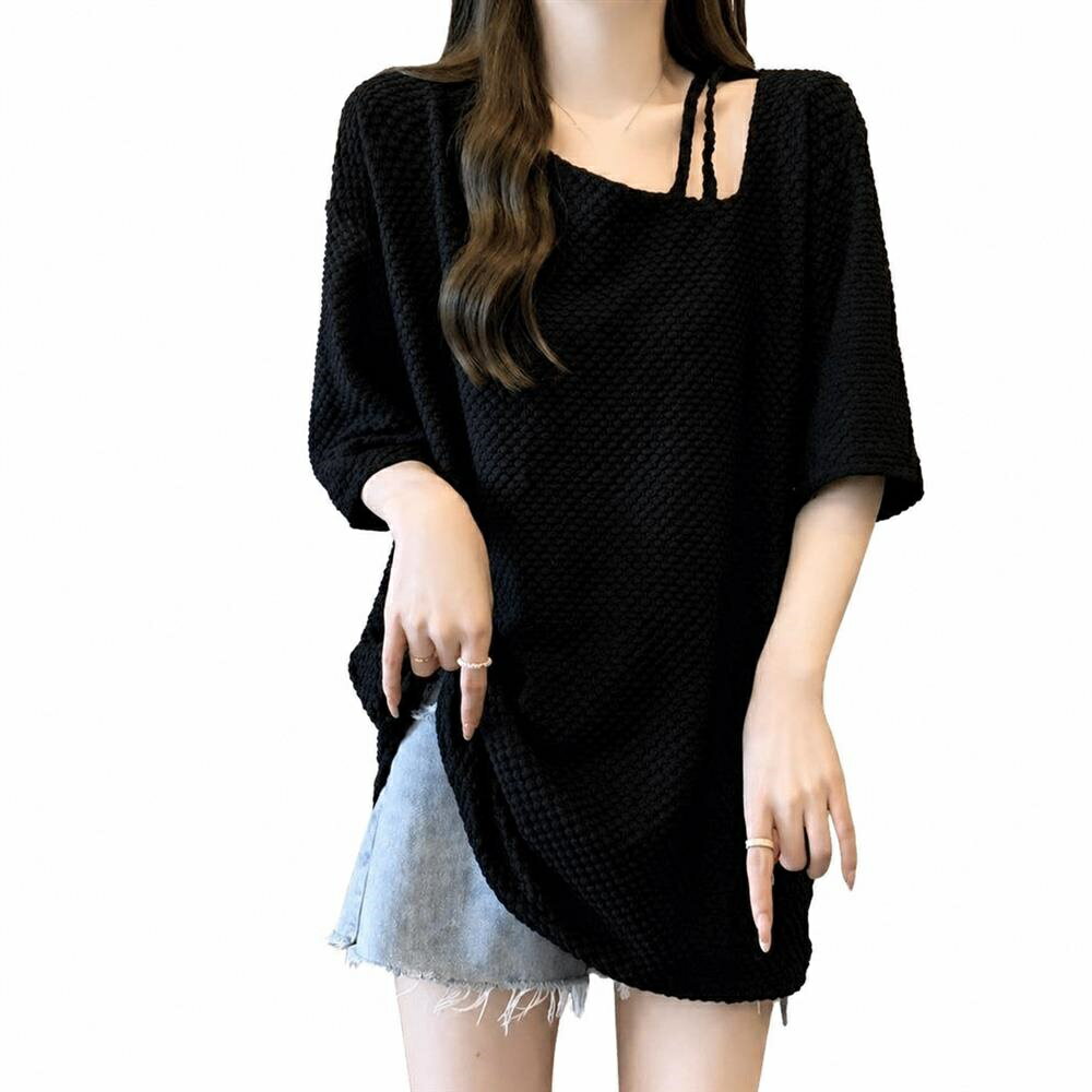 乐天商城 - ワッフル Tシャツ レディース 半袖 トップス 凹凸素材 アシメネック 重ね着風 ゆるめ カジュアル チュニック カットソー 大きいサイズ 体型カバー おしゃれ きれいめ 涼しい 伸縮性 通勤 通学