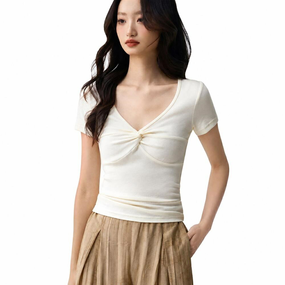 樂天商城 - レディース Tシャツ Vネック 半袖 フロントツイスト タイト カットソー シルケット綿 シルク混 トップス きれいめ インナー ストレッチ 着痩せ 無地