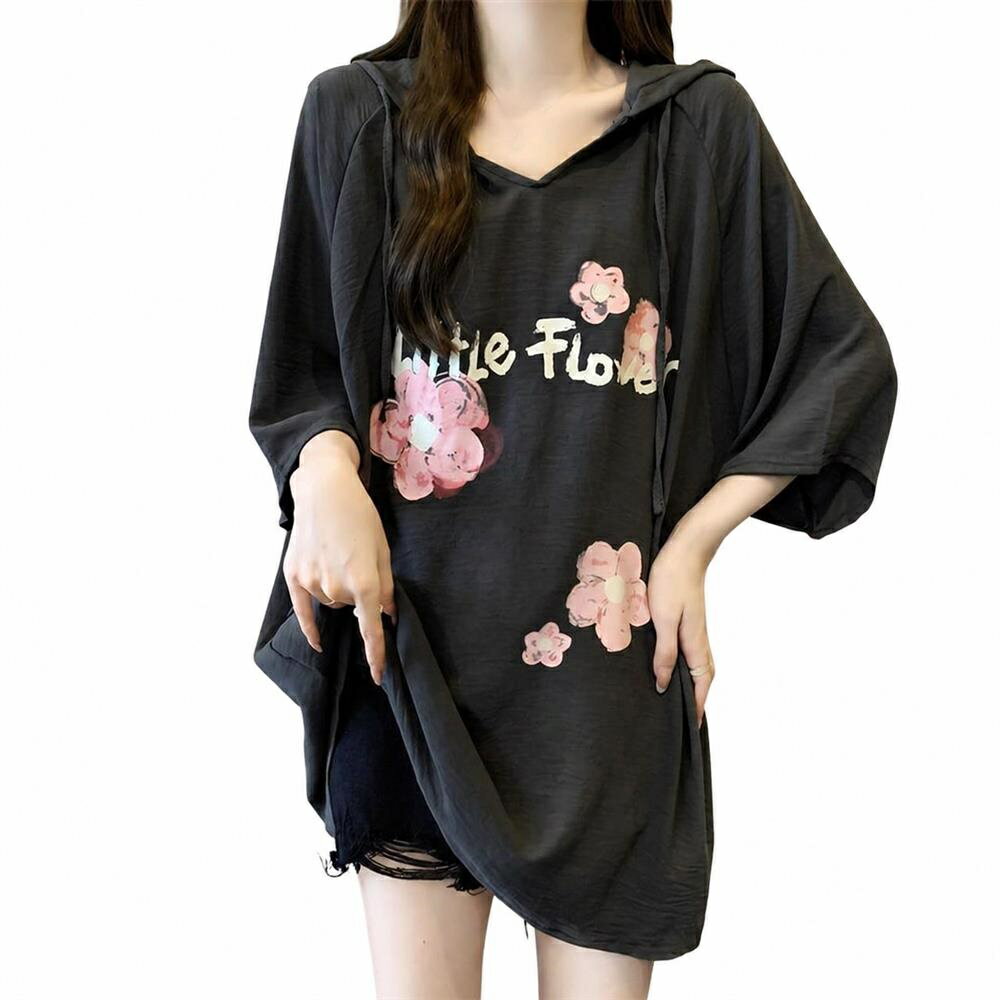 Tシャツ レディース フード付き パーカー 半袖 夏 トップス 花柄 英字 プリント Vネック オーバーサイズ ビッグシルエット ゆったり カ..