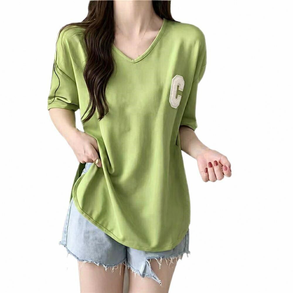 樂天商城 - Tシャツ レディース 半袖 カットソー Vネック オーバーサイズ ゆったり トップス 大きいサイズ サイドスリット ワンポイント ワッペン カジュアル 夏 快適 通気性 柔らかい 部屋着 普段着 ビッ