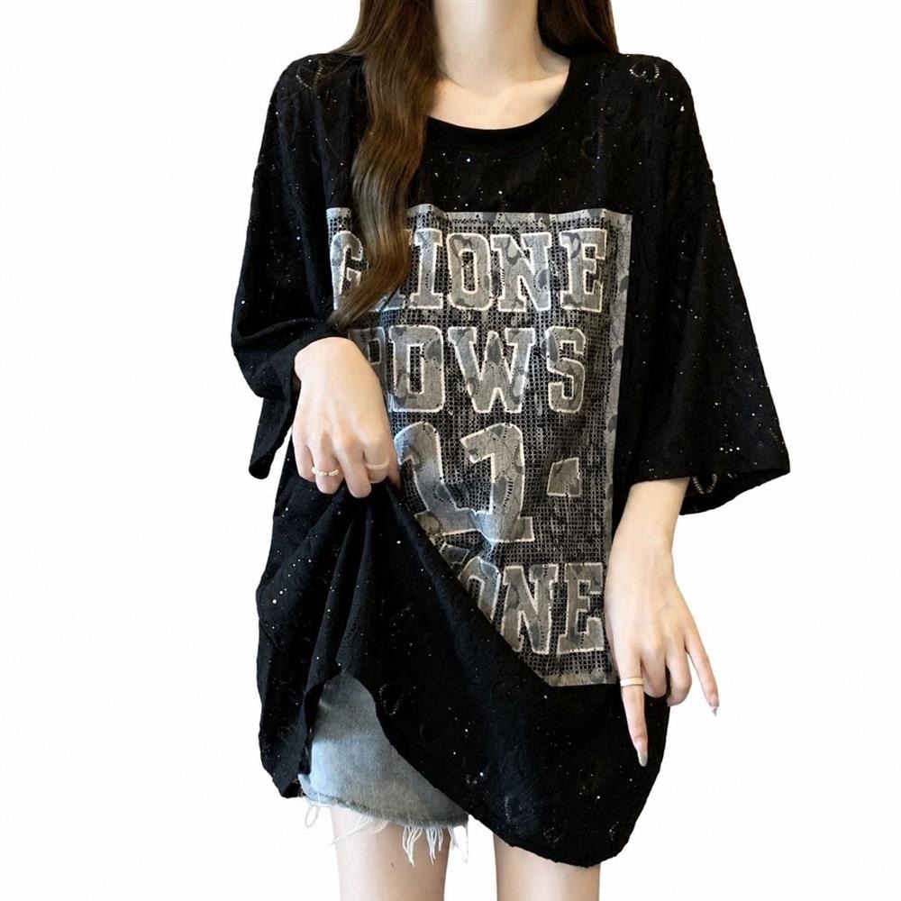T-Shirts - シャツ レディース 半袖 オーバーサイズ 透かし編み ハート柄 プリント トップス ゆったり チュニック丈 ロング ストリート 地雷系 夏 体型カバー 大きいサイズ カジュアル かわいい お洒落 通学