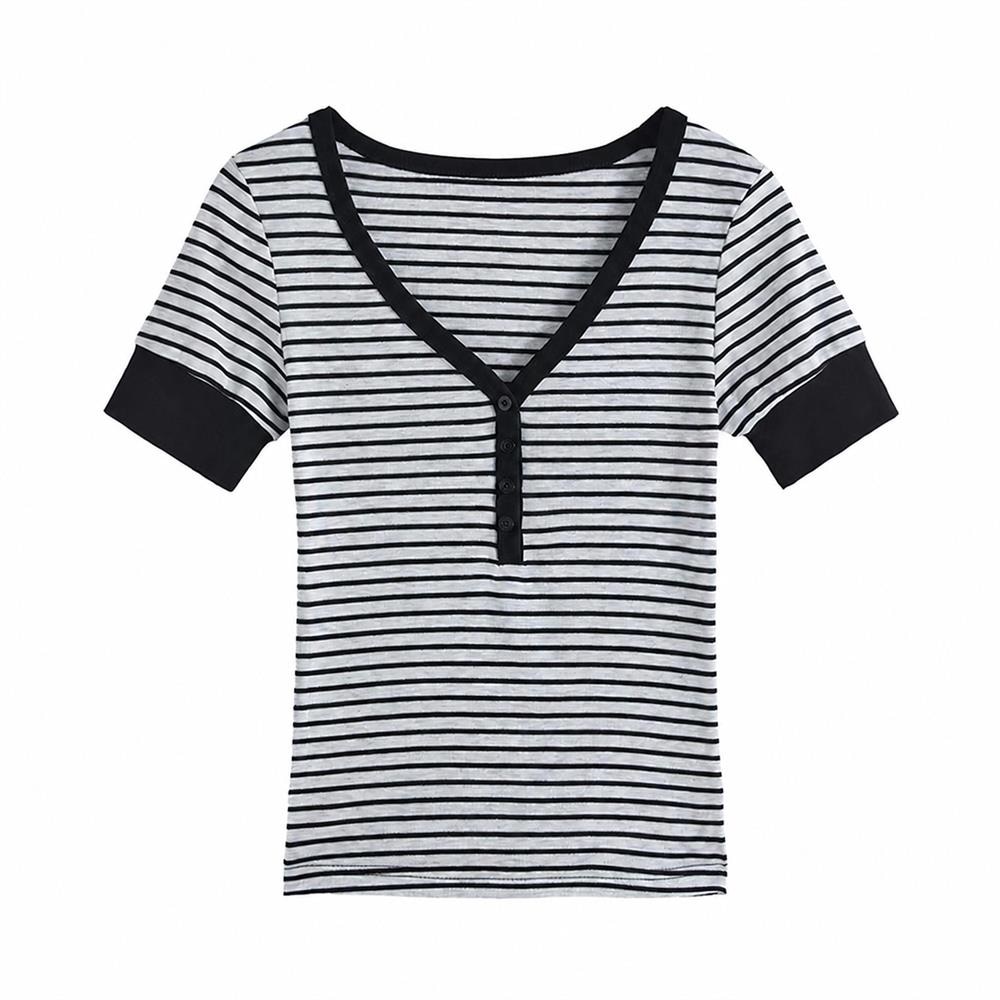 乐天商城 - Tシャツ レディース 半袖 Vネック ボーダー カットソー ヘンリーネック スリム タイト トップス カジュアル きれいめ 夏 インナー 伸縮 ストレッチ 柔らかい 着痩せ 事務服 通勤 通学 お出か
