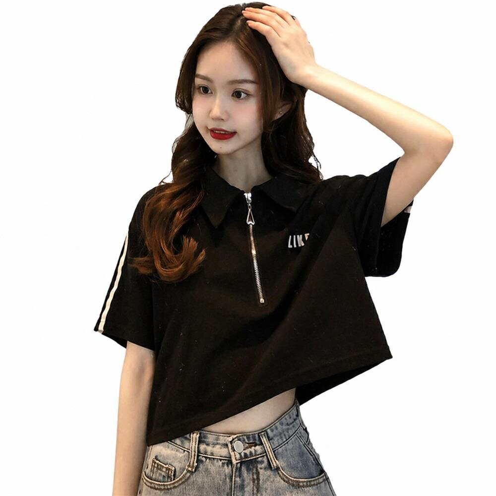 乐天商城 - ポロシャツ レディース 半袖 ハーフジップ Tシャツ ショート丈 トップス ストリート 襟付き カットソー サイドライン スポーティー 夏 カジュアル おしゃれ 柔らかい 通気性 ダンス 衣装 部屋着