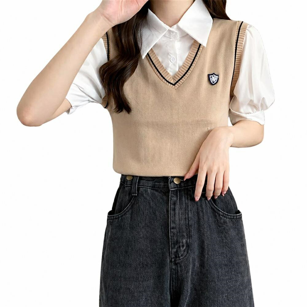 樂天商城 - ニットベスト シャツ レディース フェイクレイヤード ブイネック 半袖 パフスリーブ 学院風 学生 制服風 オフィス カジュアル トップス レイヤード 上品 紋章