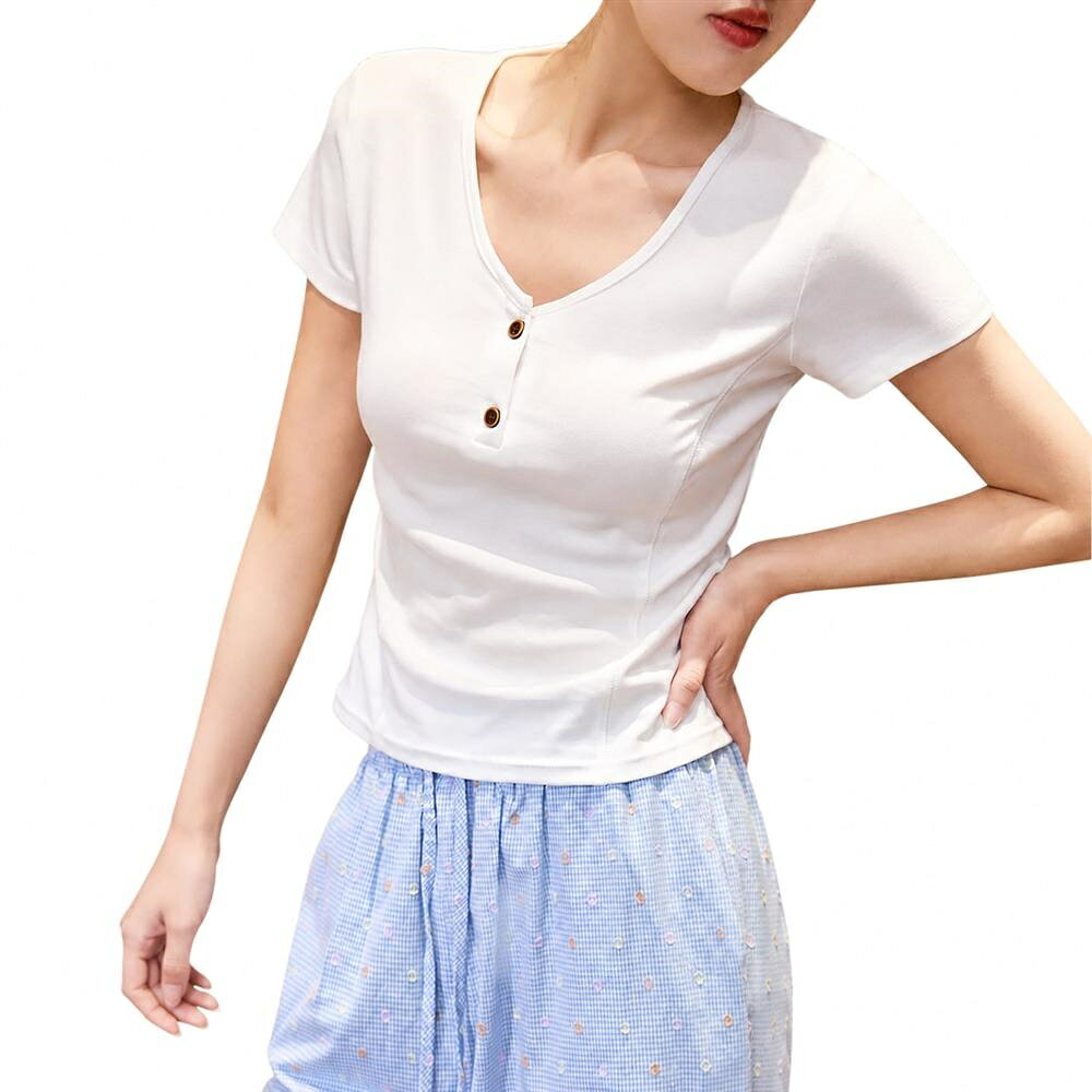 ヘンリーネック Tシャツ レディース 半袖 Vネック カットソー ボタン付き スリム タイト 美シルエット 綿混 柔らかい 無地 トップス カジュアル 通勤 通学 夏 爽やか シンプル ベーシック 上