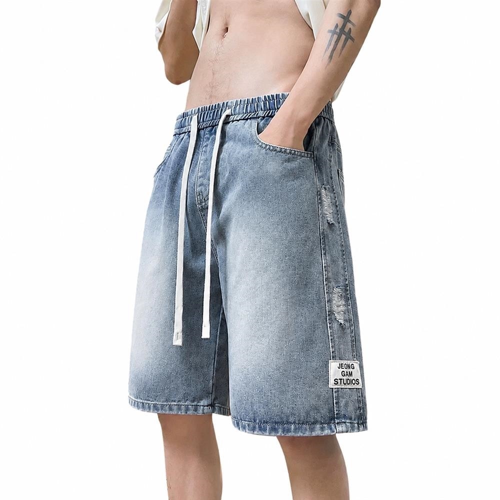 Wear - メンズ ハーフパンツ デニム ショートパンツ ダメージ加工 ルーズフィット ドローコード付き 五分丈 ストリート カジュアル 夏物