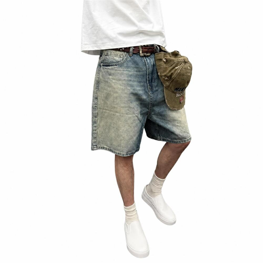 Wear - デニム ハーフパンツ メンズ ヴィンテージ ダメージ加工 ワイド ショーツ ジーンズ アメカジ ストリート ジーパン 5分丈 膝丈 ゆったり ウォッシュ カジュアル 夏服 ボトムス ストレート おしゃ