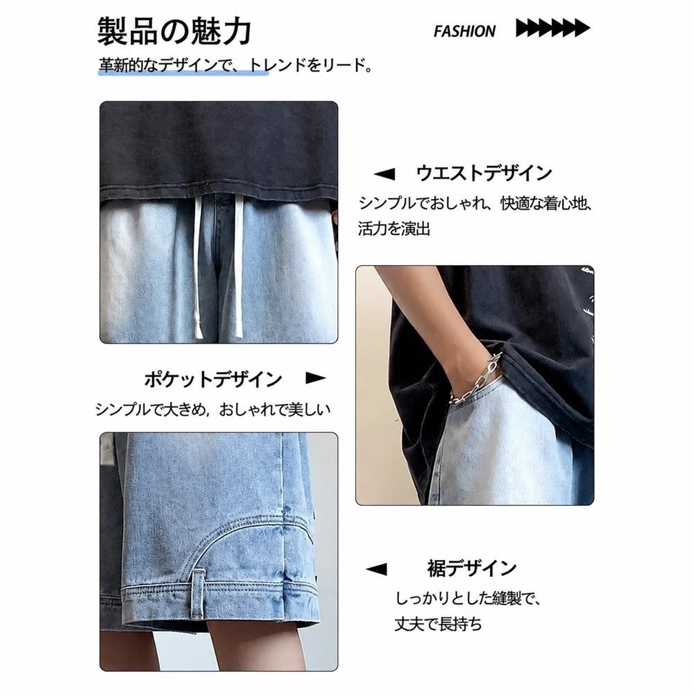 デニムショートパンツ メンズ ワイドパンツ ジーンズ ハーフパンツ ゆったり 五分...
