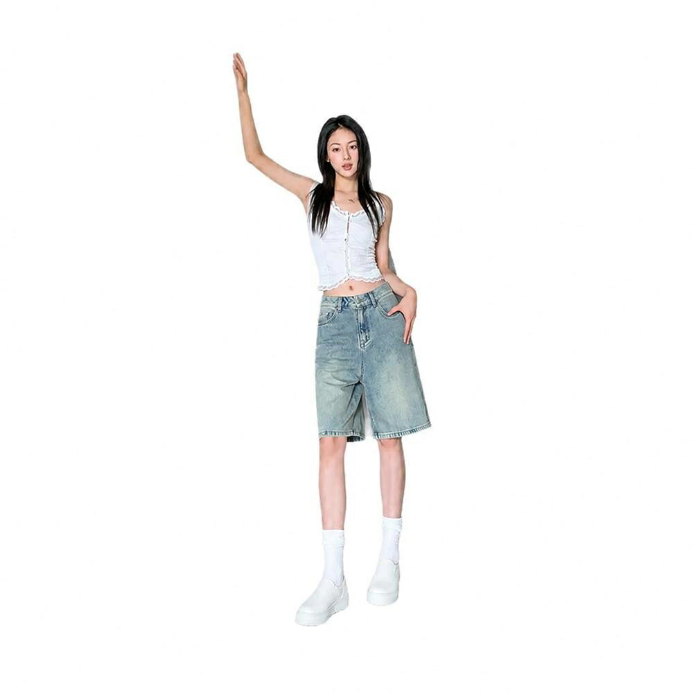 乐天商城 - デニム ハーフパンツ レディース ハイウエスト ワイド ショートパンツ ゆったり ストレート 五分丈 膝丈 着痩せ 体型カバー カジュアル ヴィンテージ風 ストリート 夏 海 ビーチ 通学 デート お